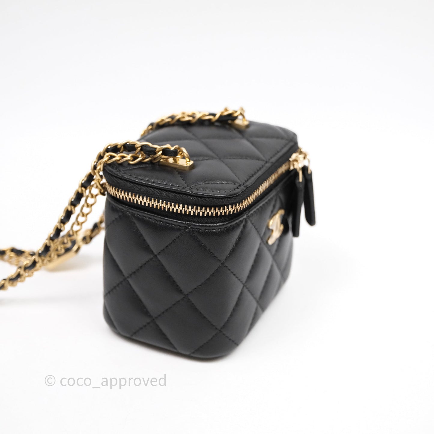 Chanel Mini Vanity With Double Chain Black Lambskin Aged Gold Hardware