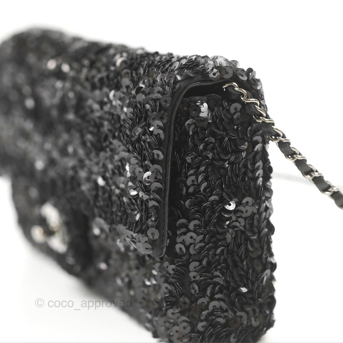 Chanel East West Flap Bag Black Sequin Dark Silver Hardware