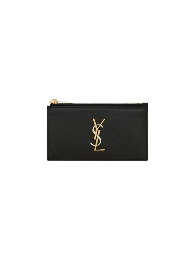Luxury Saint Laurent Cassandra Fragment Zipper Card Case Lambskin Black