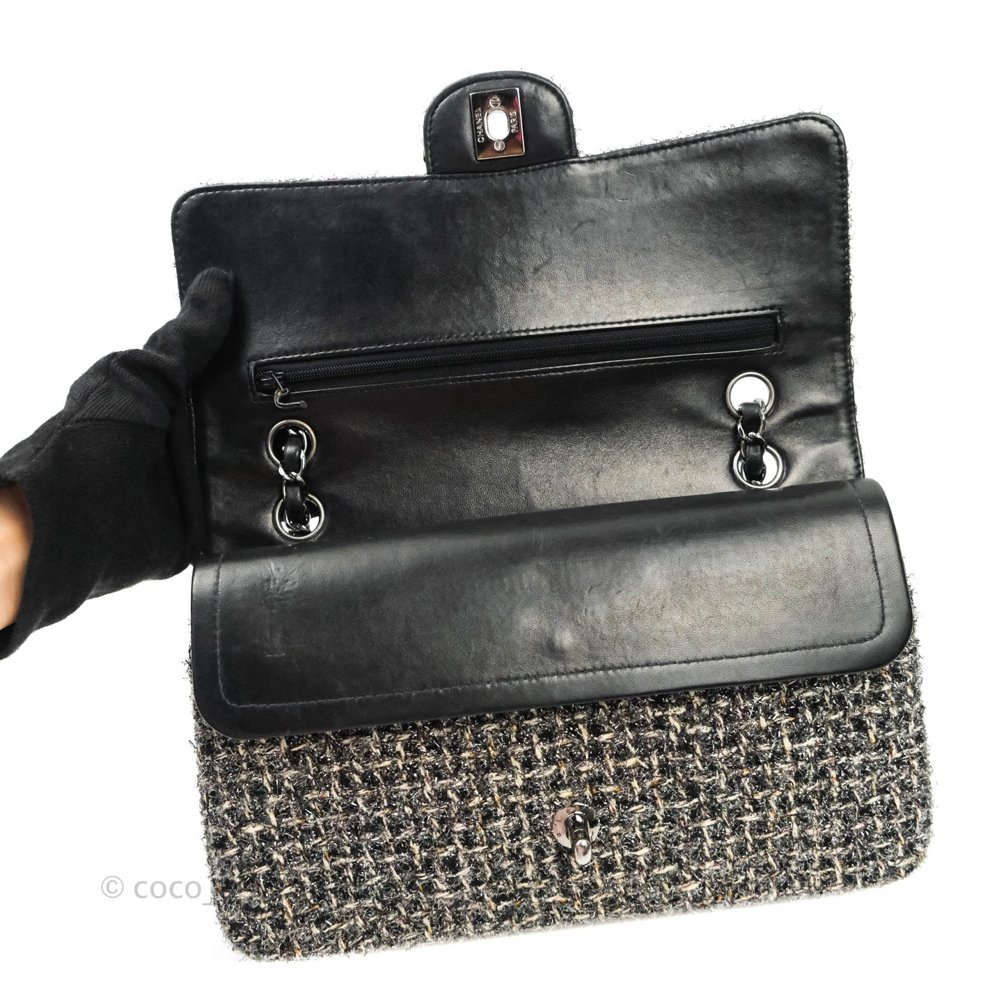 Chanel Classic M/L Medium Double Flap Black Tweed Gun Metal