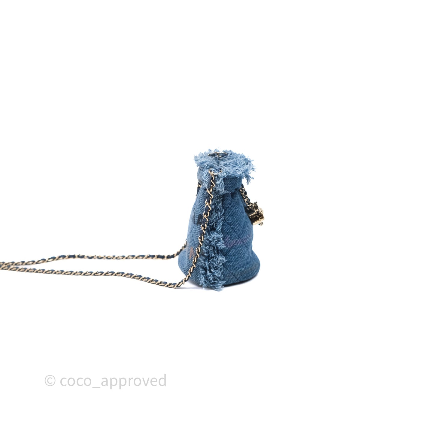 Chanel Mood Denim Mini Bucket Bag with Chain Blue Gold Hardware