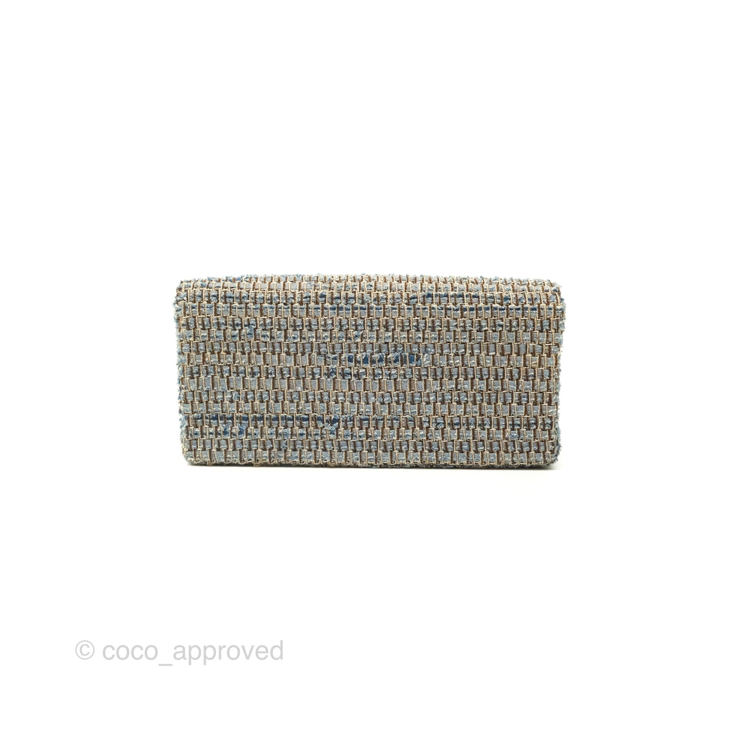 Chanel East West Chocolate Bar Flap Bag Grey Blue Tweed 24K Gold Hardware