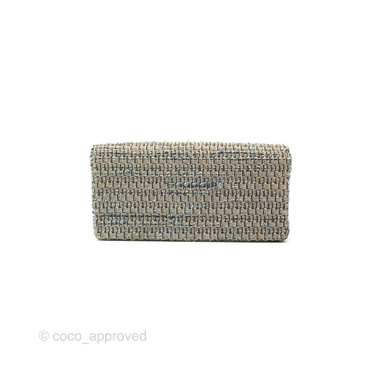 Chanel East West Chocolate Bar Flap Bag Grey Blue Tweed 24K Gold Hardware
