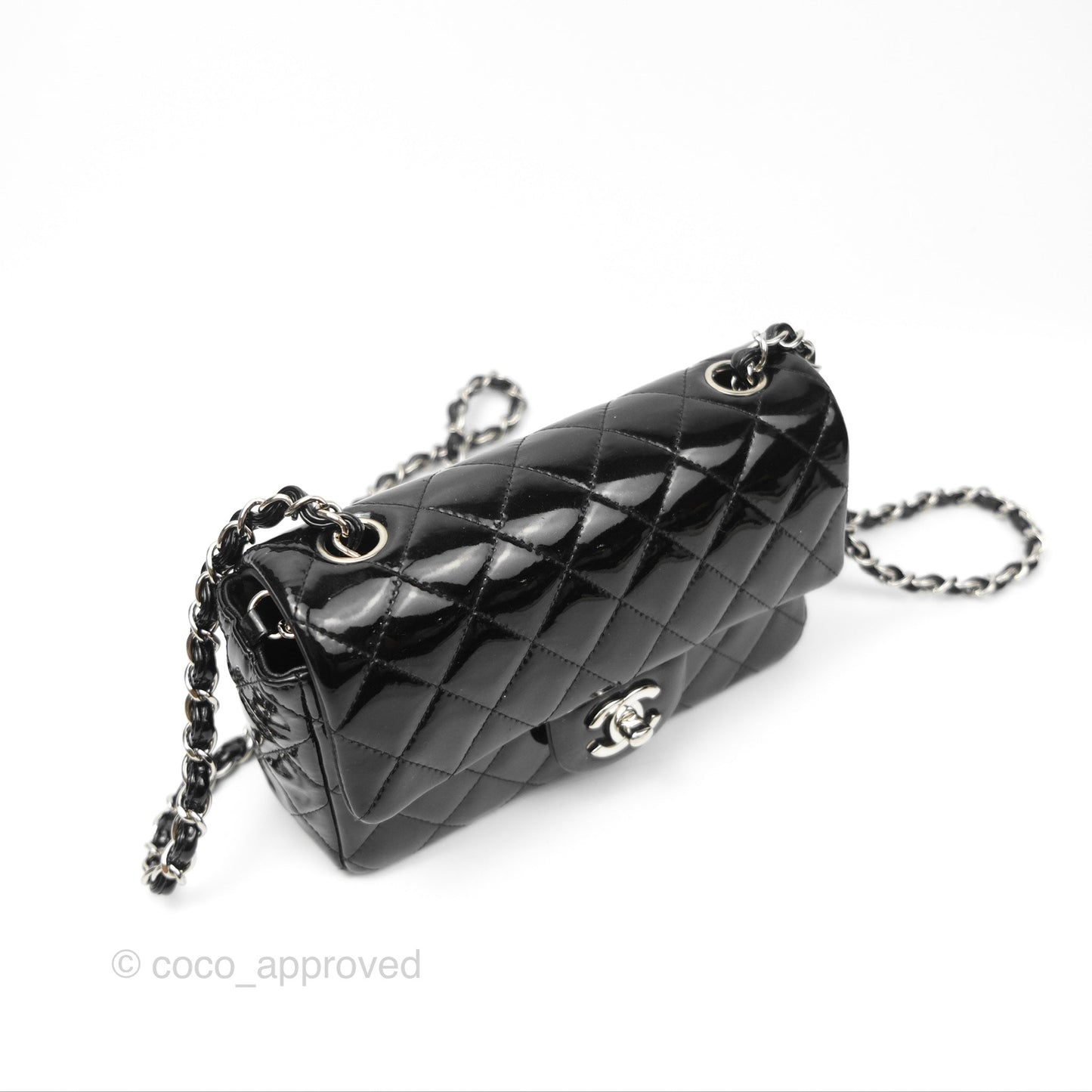 Chanel Quilted Mini Rectangular Flap Black Patent Silver Hardware