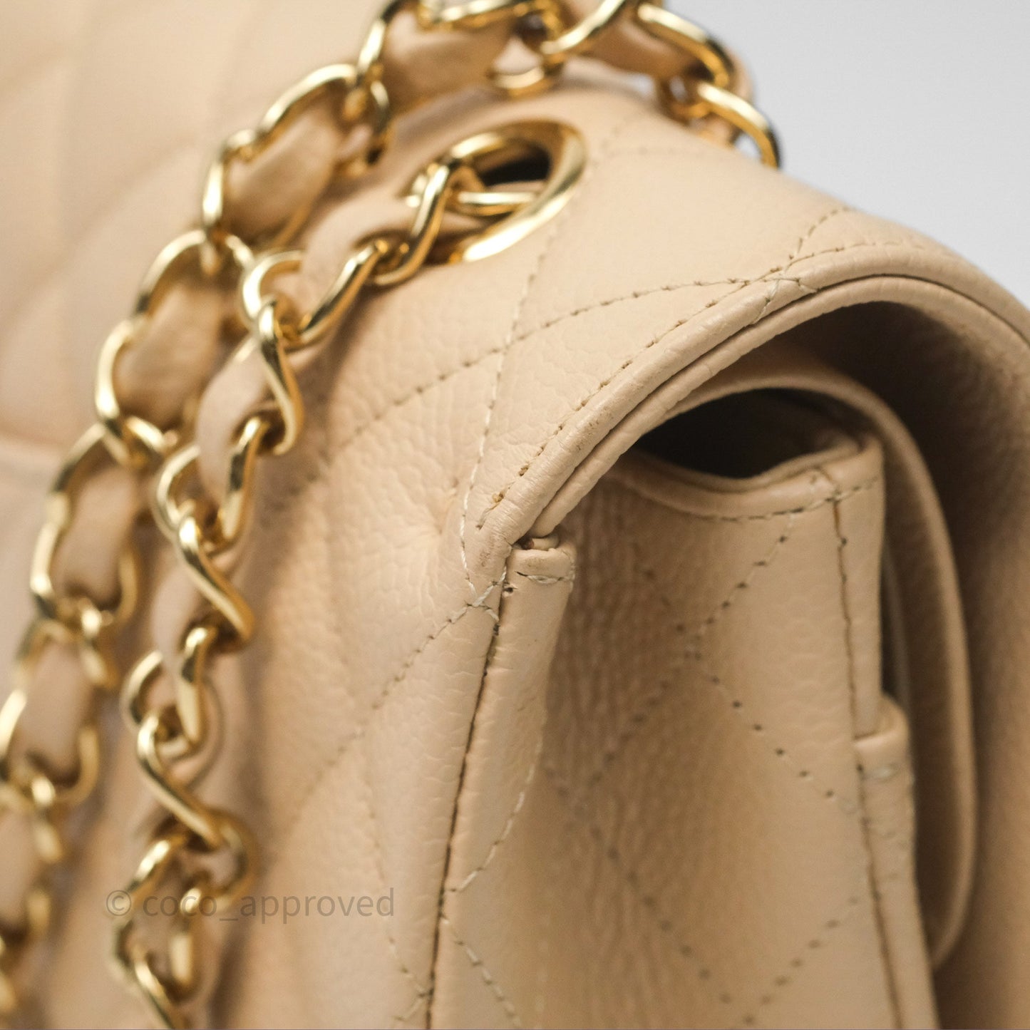 Chanel M/L Medium Classic Flap Quilted Beige Caviar Gold Hardware