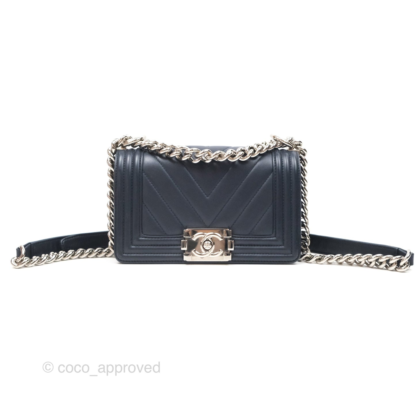 Chanel Small Chevron Boy Navy Calfskin Silver Hardware