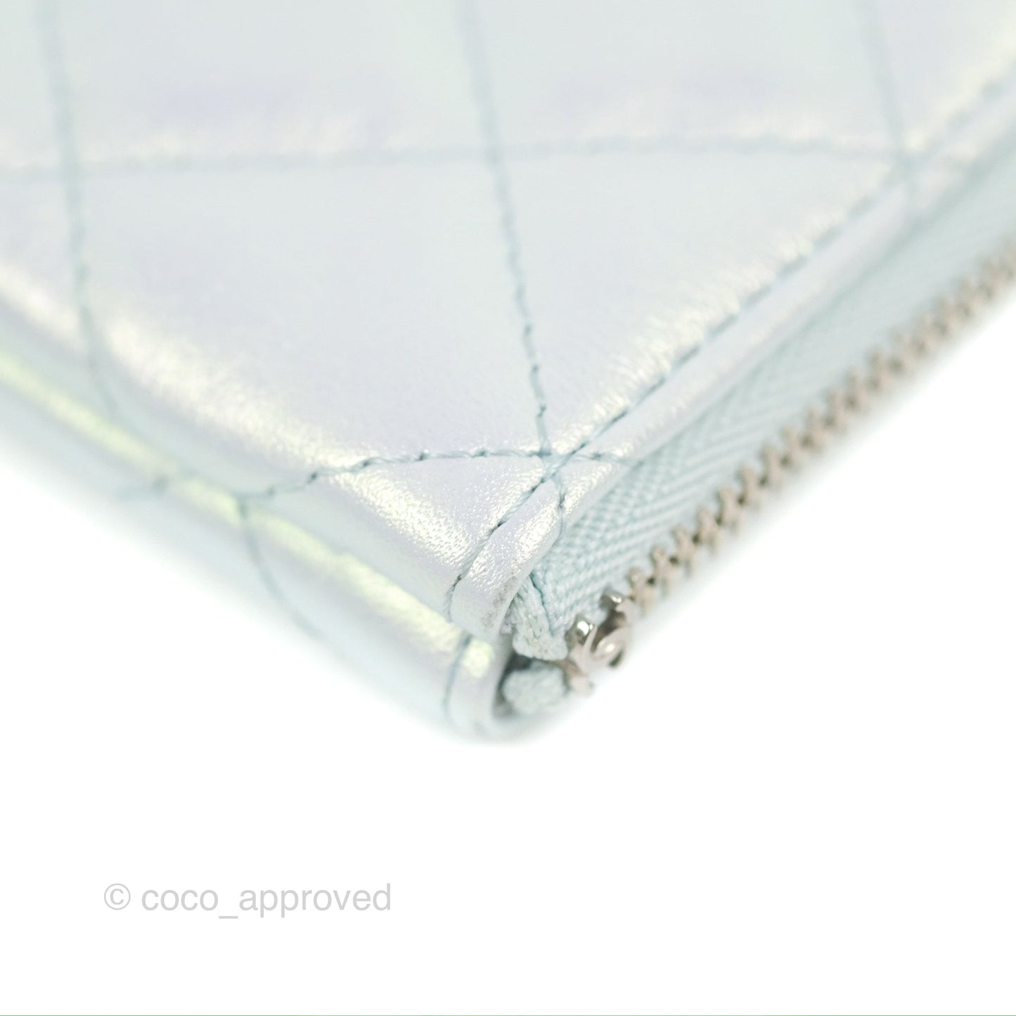 Chanel Quilted Mini O Case Iridescent Icy Blue Calfskin Silver Hardware