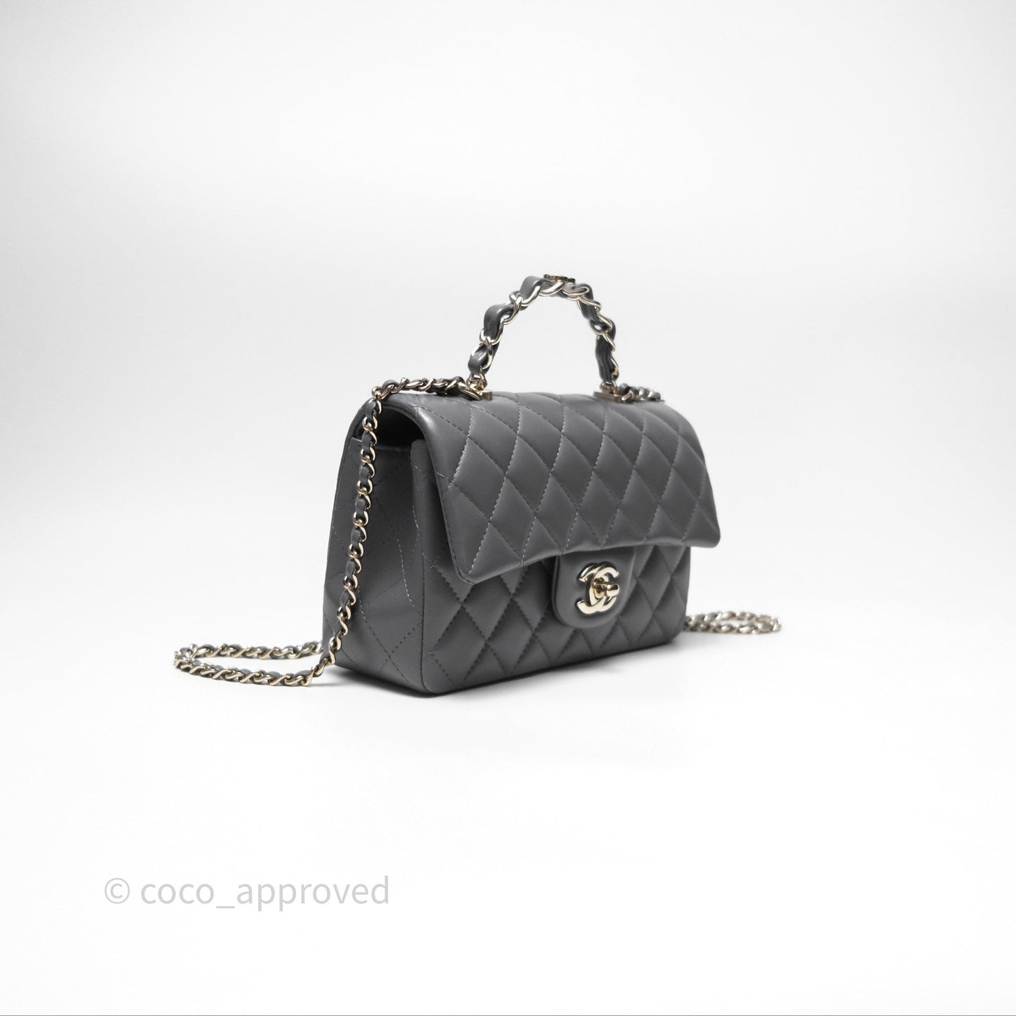 Chanel Top Handle Mini Rectangular Flap Grey Lambskin Gold Hardware
