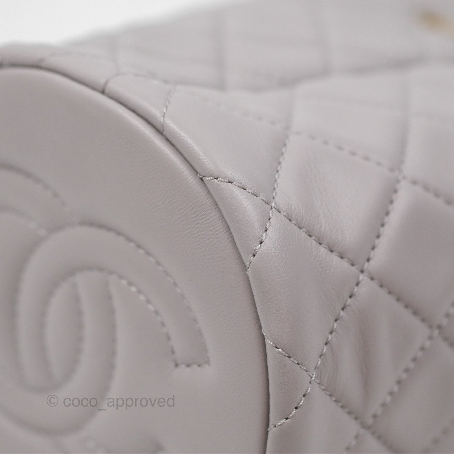 Chanel Pearl Crush Drawstring Bucket Bag Grey Lambskin Aged Gold Hardware