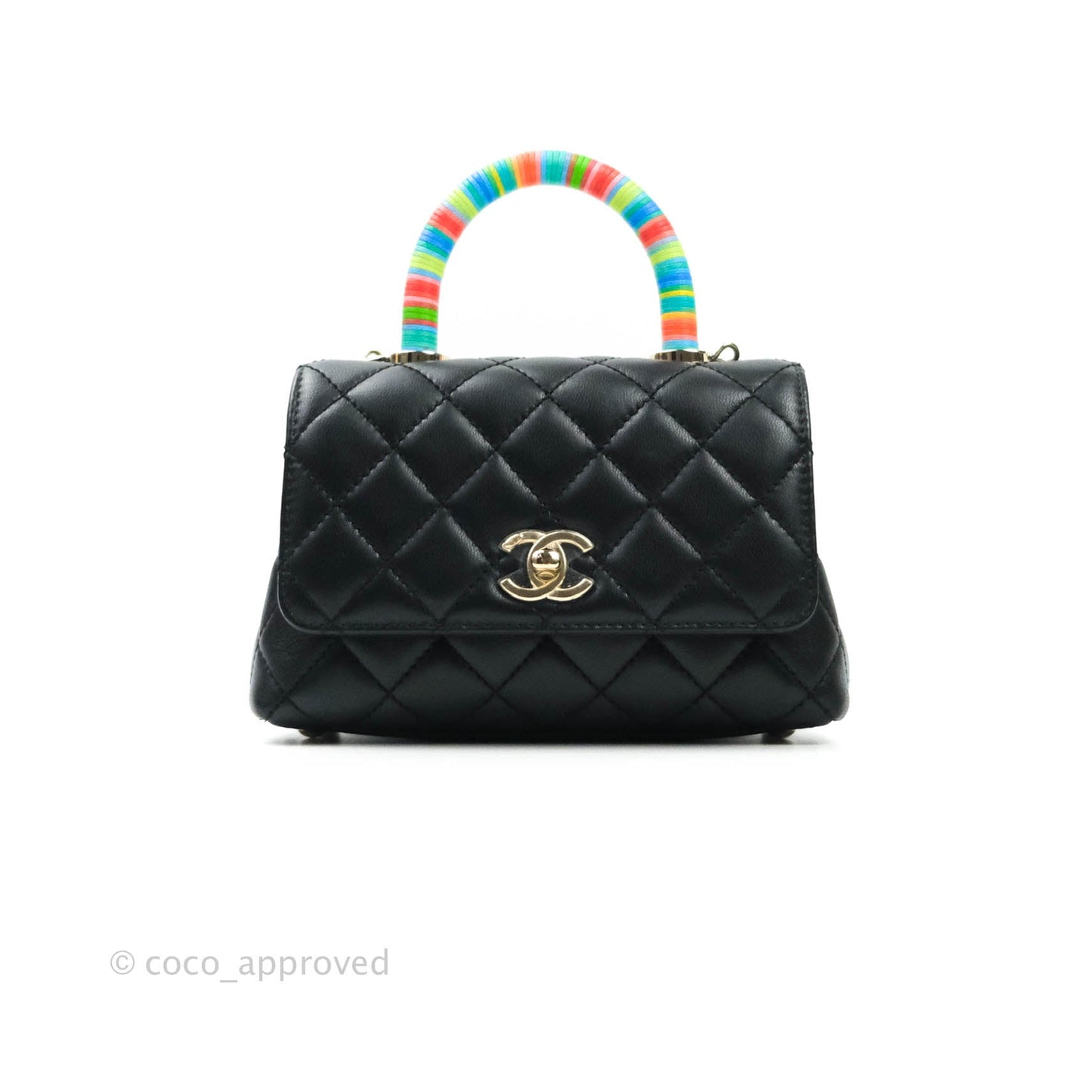 Chanel Quilted Extra Mini Rainbow Coco Handle Bag Lambskin Black Gold Hardware