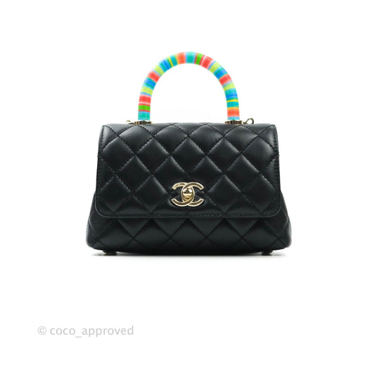 Chanel Quilted Extra Mini Rainbow Coco Handle Bag Lambskin Black Gold Hardware