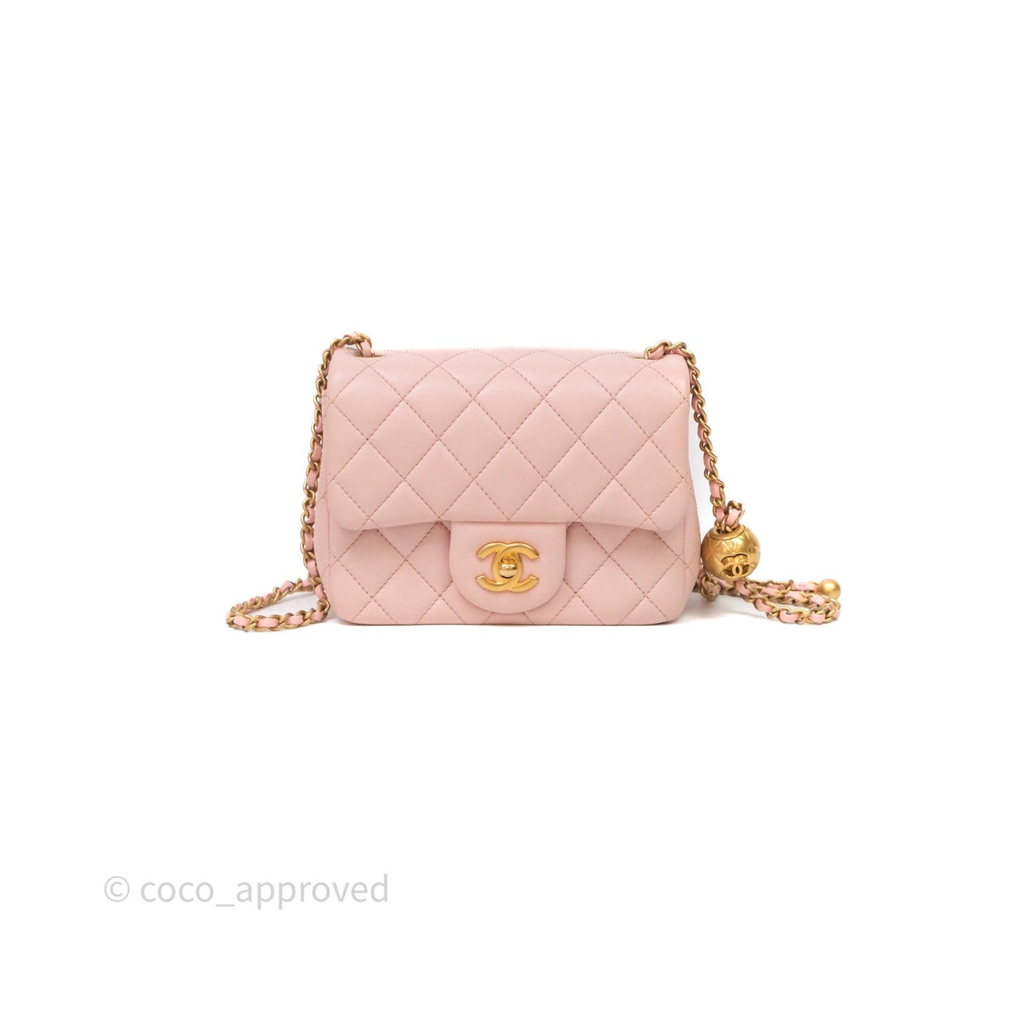 Chanel Pearl Crush Mini Square Quilted Pink Lambskin Aged Gold Hardware