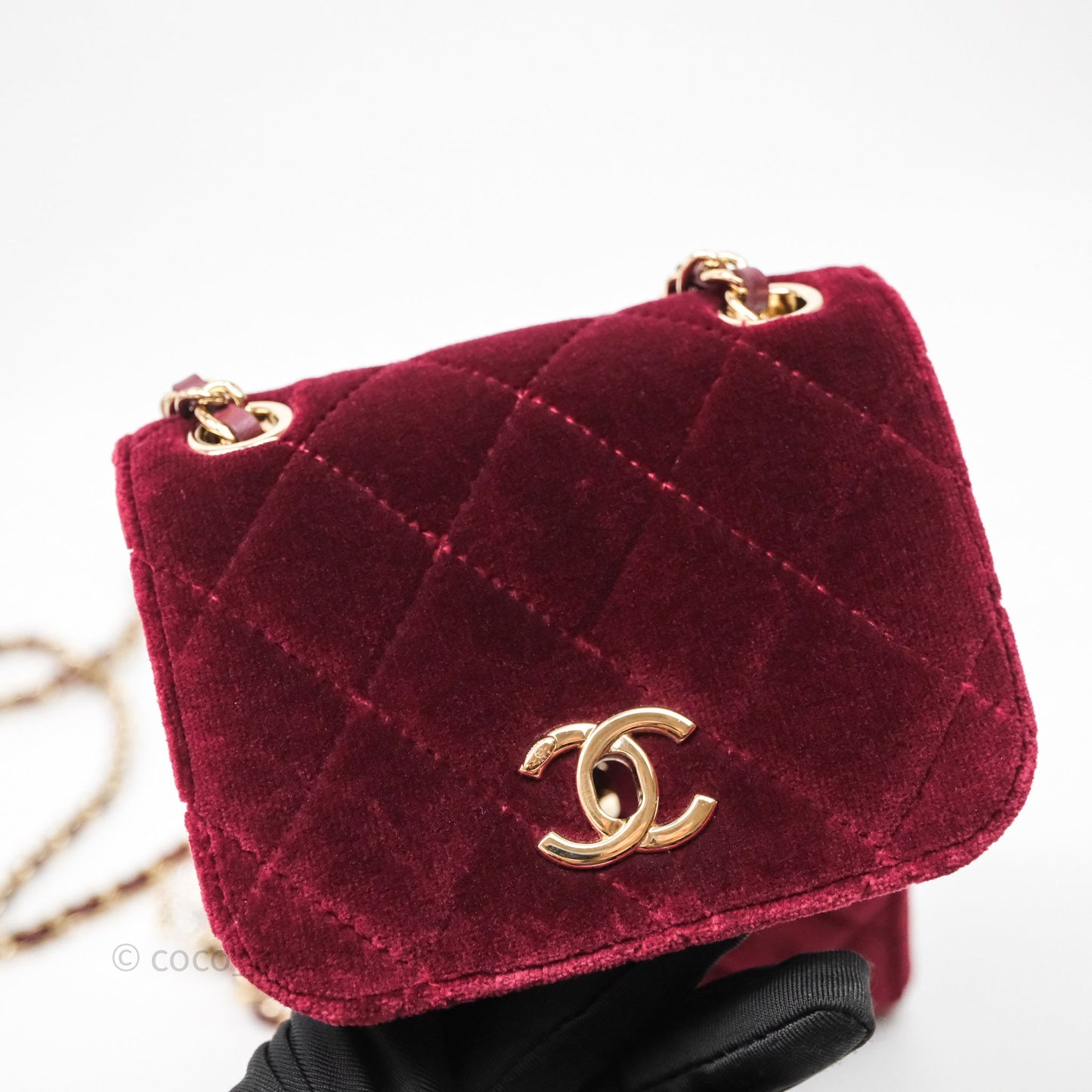 Chanel Quilted Phone Holder Crystals Pearl Crush Red Velvet Gold Hardware