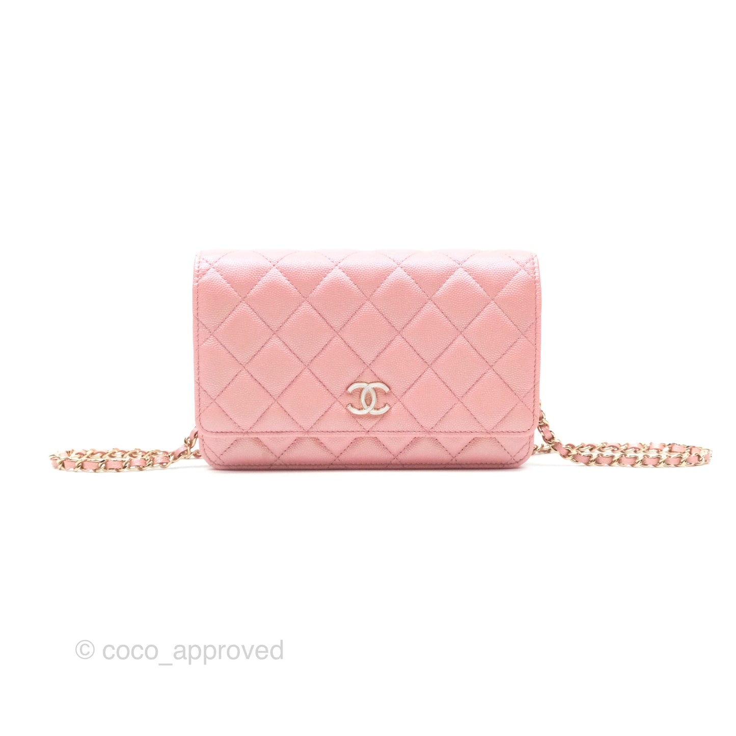 Chanel Classic Quilted Wallet on Chain WOC Iridescent Pink Caviar Gold Hardware