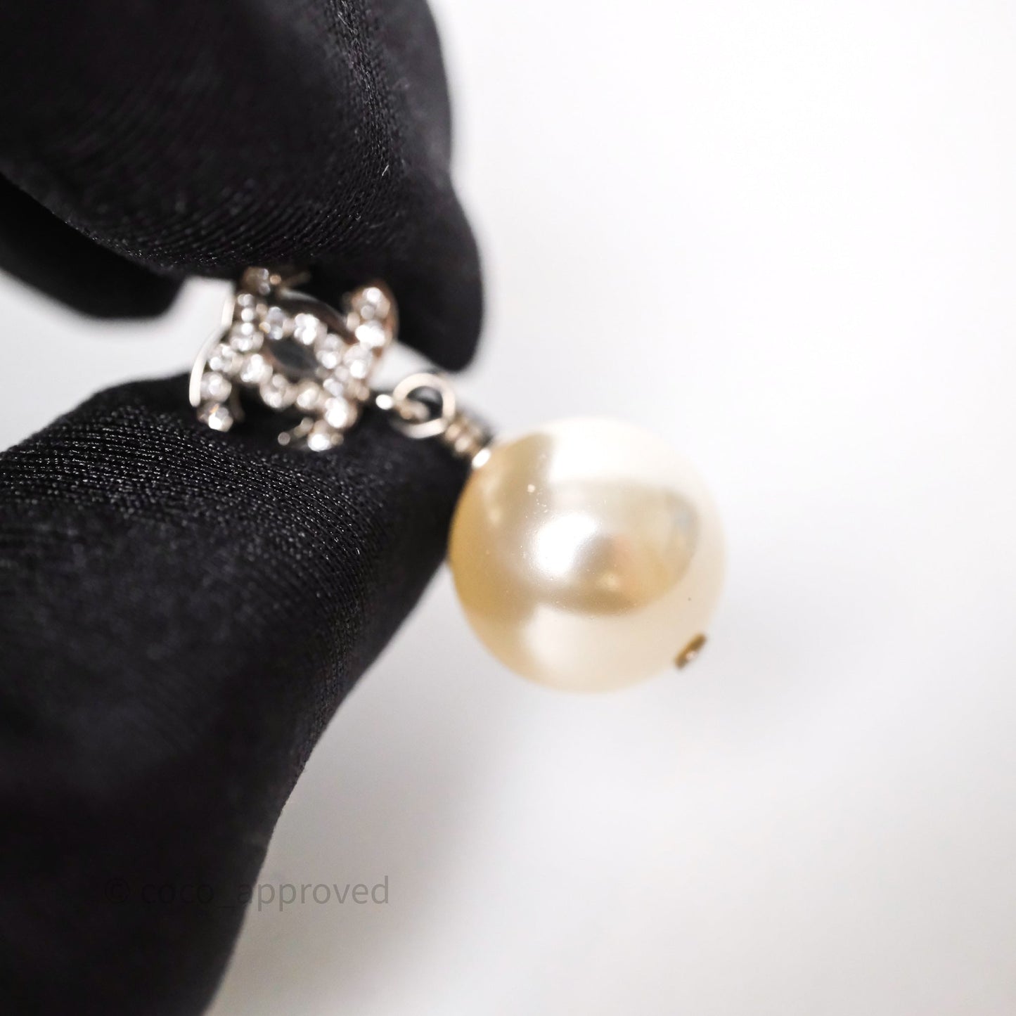 Chanel CC Crystal Pearl Drop Earrings Silver Tone 21V