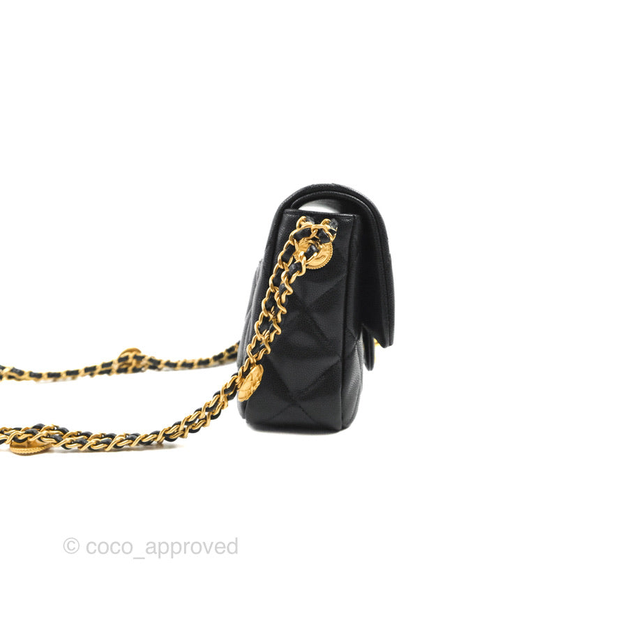 Chanel Small Flap with Coin Charm Black Caviar Aged Gold Hardware 22A