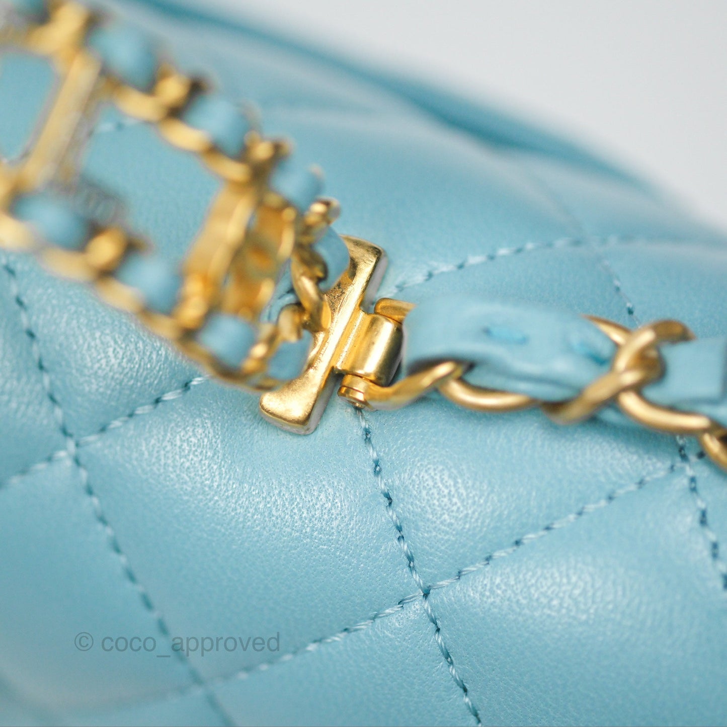 Chanel Flap Bag with Crystal Logo Top Handle Tiffany Blue Lambskin Aged Gold Hardware