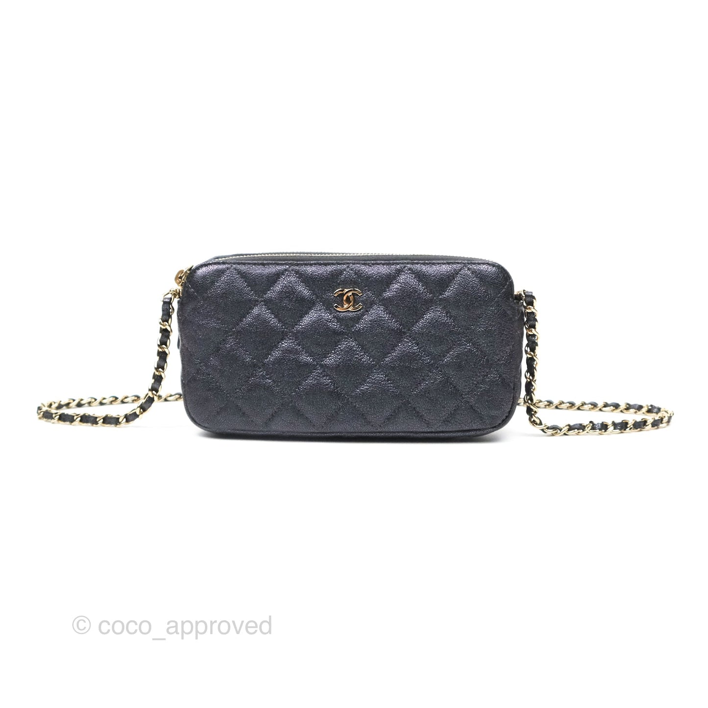 Chanel Quilted Zip Clutch With Chain Iridescent Dark Grey Caviar Gold Hardware