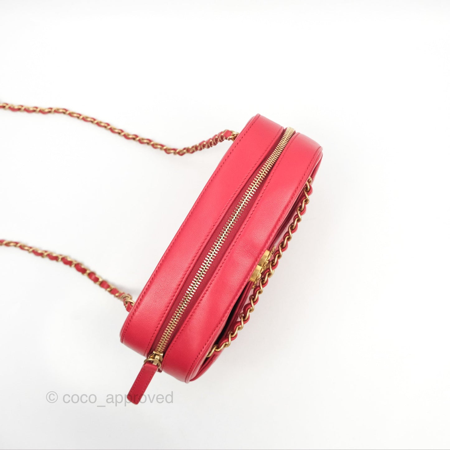 Chanel Chain Infinity Camera Case Red Goatskin Aged Gold Hardware