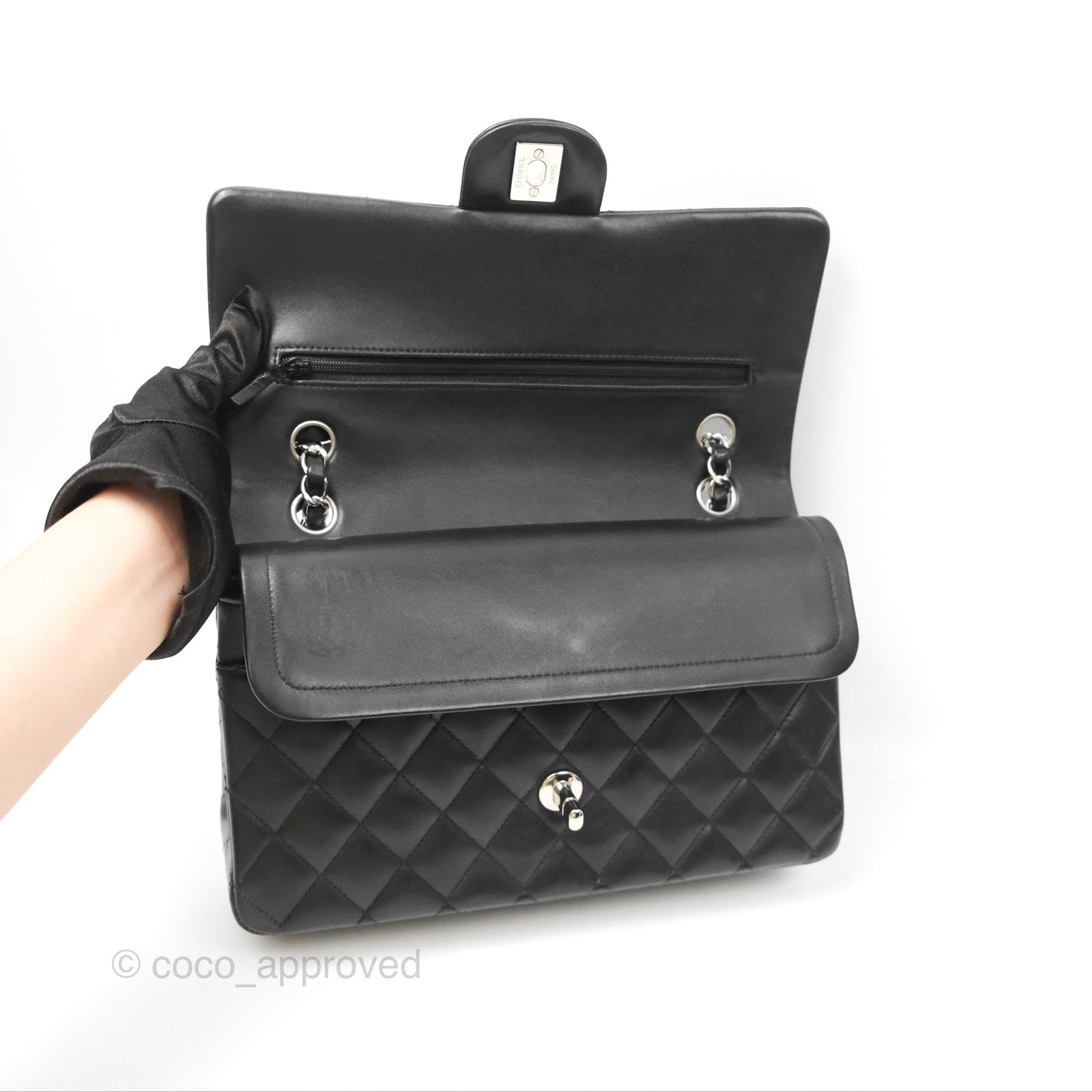 Chanel Classic M/L Medium Flap Quilted Black Lambskin Silver Hardware