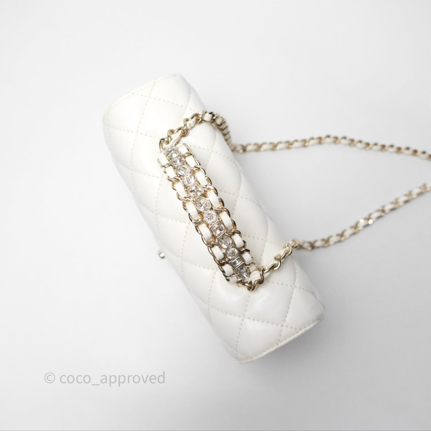 Chanel Crystals Top Handle Mini Rectangular Flap Bag White Lambskin Gold Hardware