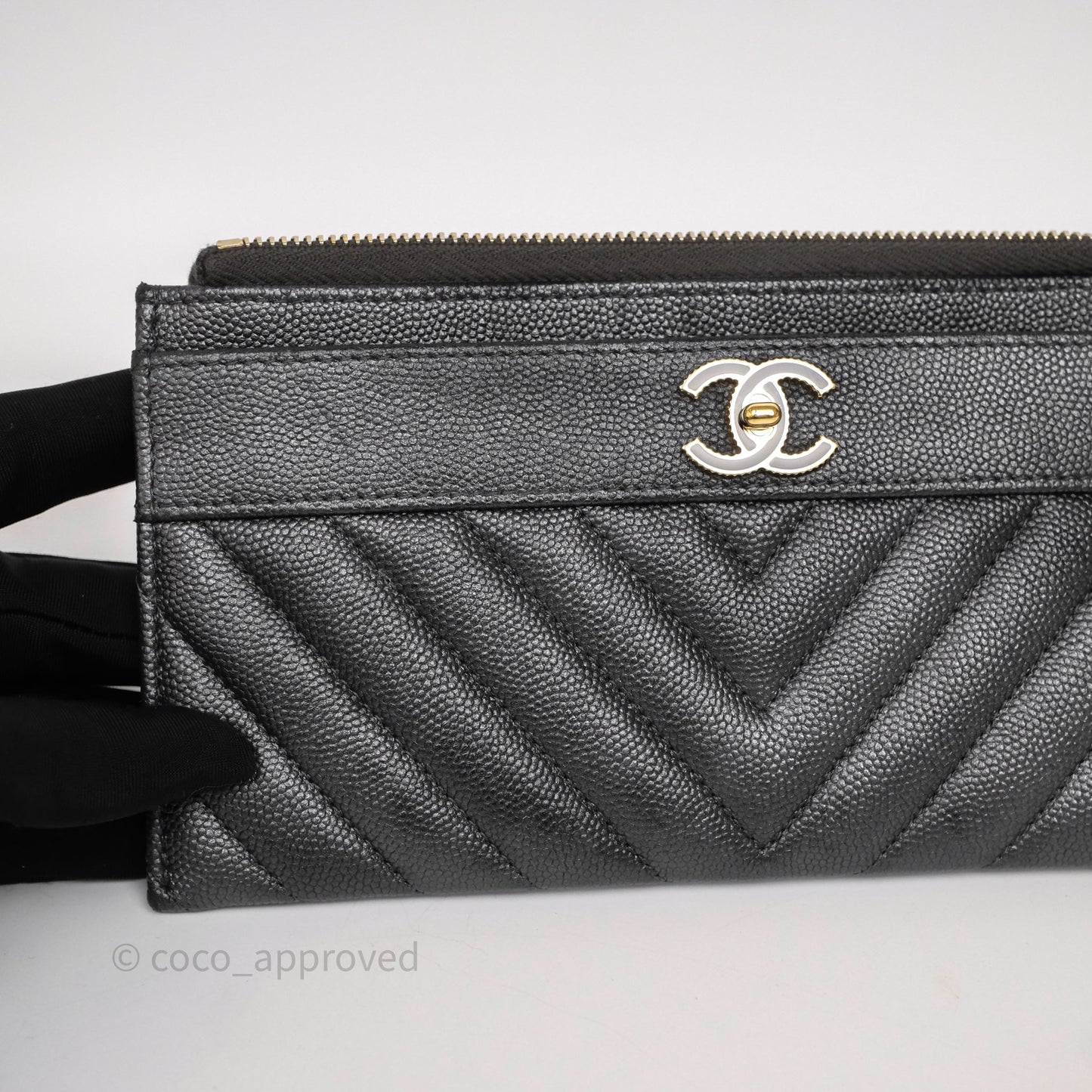 Chanel Chevron Zip Long Wallet Grey Caviar Gold Hardware