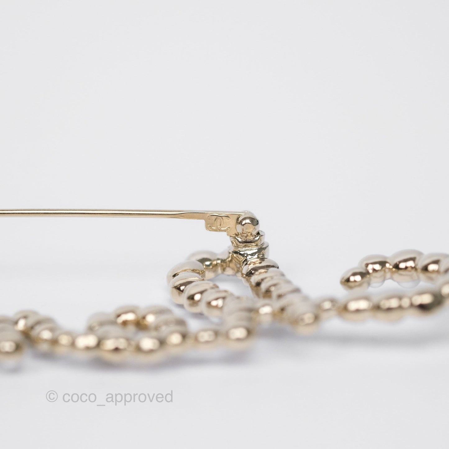 Chanel Logo Pearl Crystal Brooch Gold Tone 20V