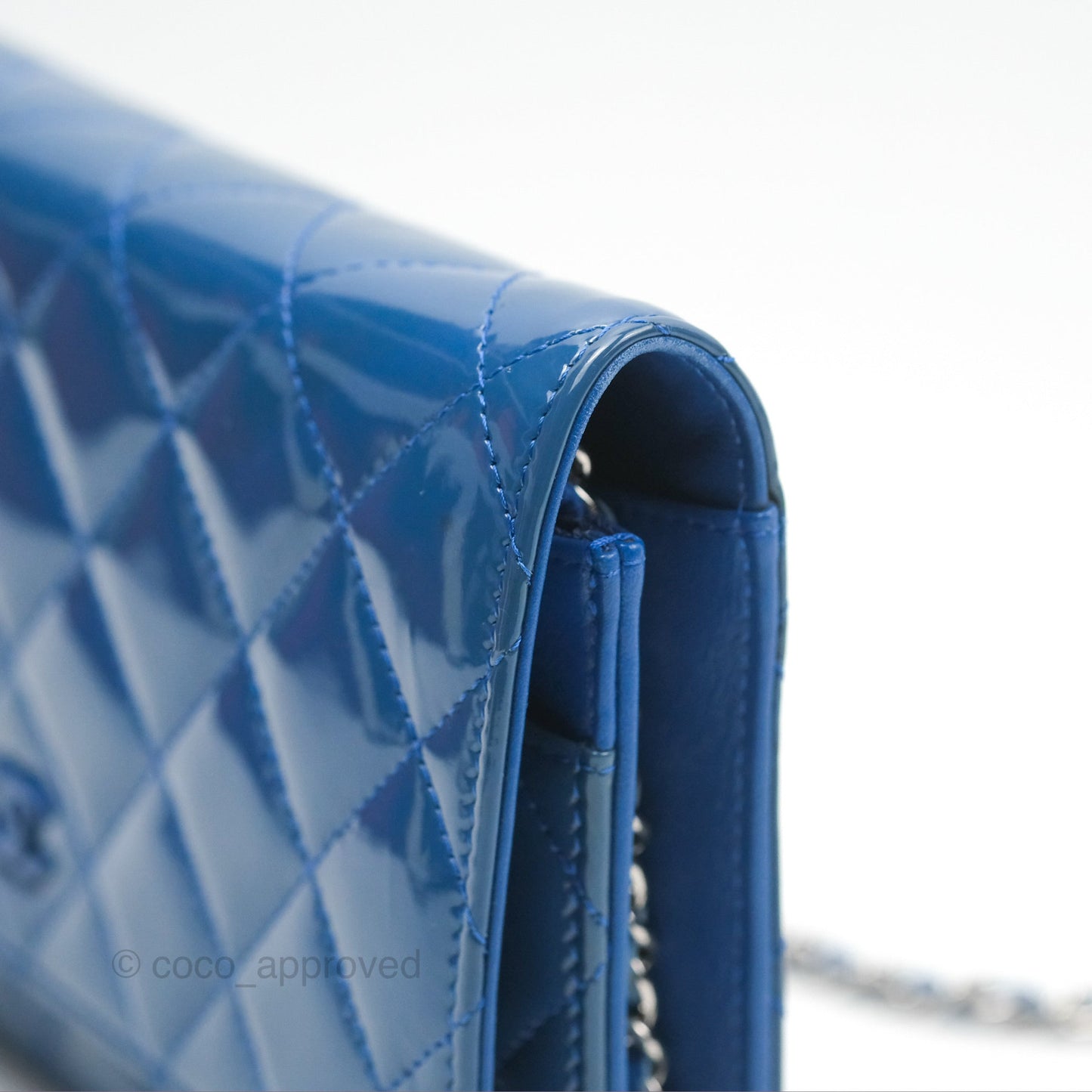 Chanel Quilted Classic Wallet on Chain WOC Blue Patent Silver Hardware