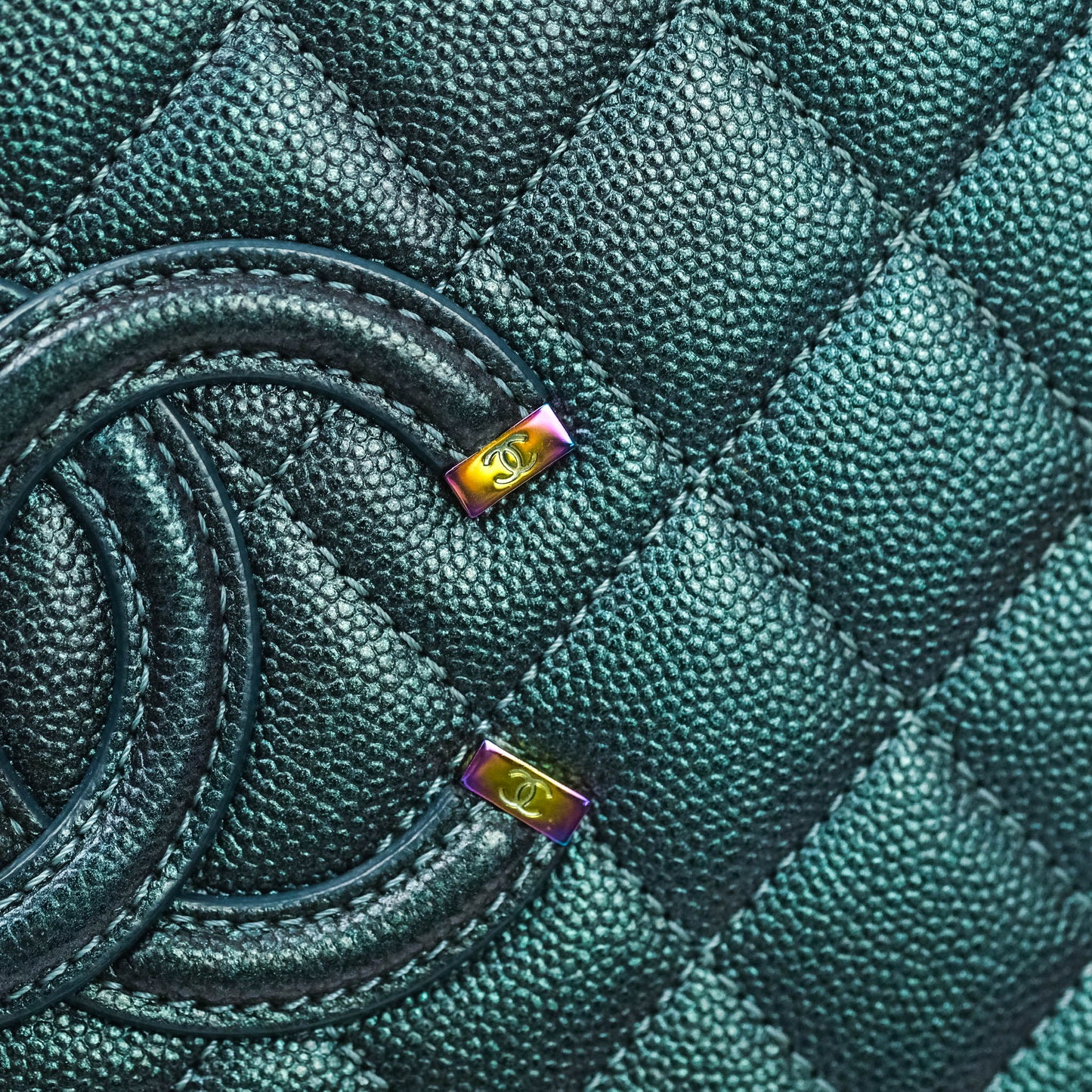 Chanel Quilted Medium CC Filigree Vanity Case Iridescent Dark Turquoise Caviar Rainbow Hardware