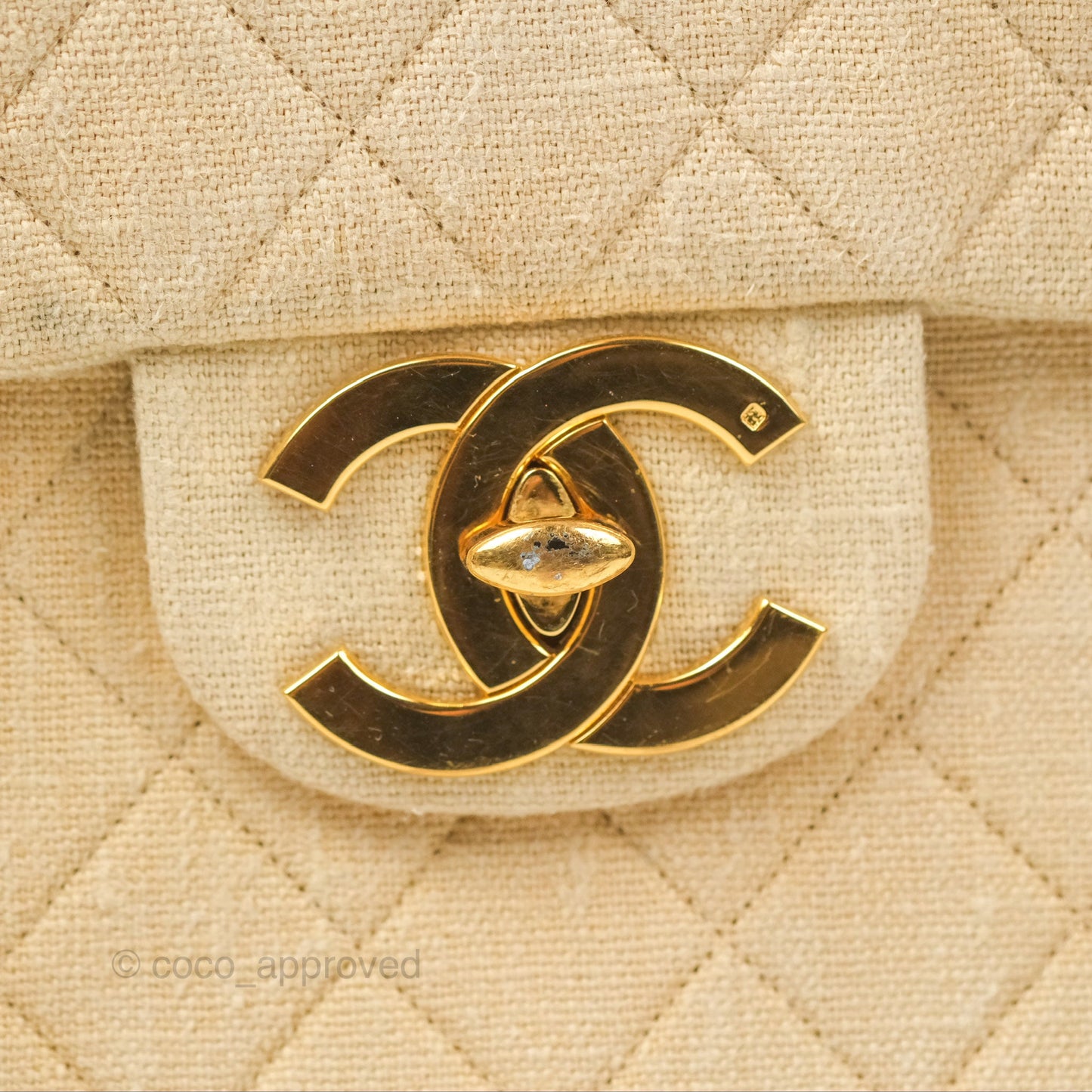Chanel Vintage XL Jumbo Single Flap Beige Cotton Canvas 24K Gold Hardware