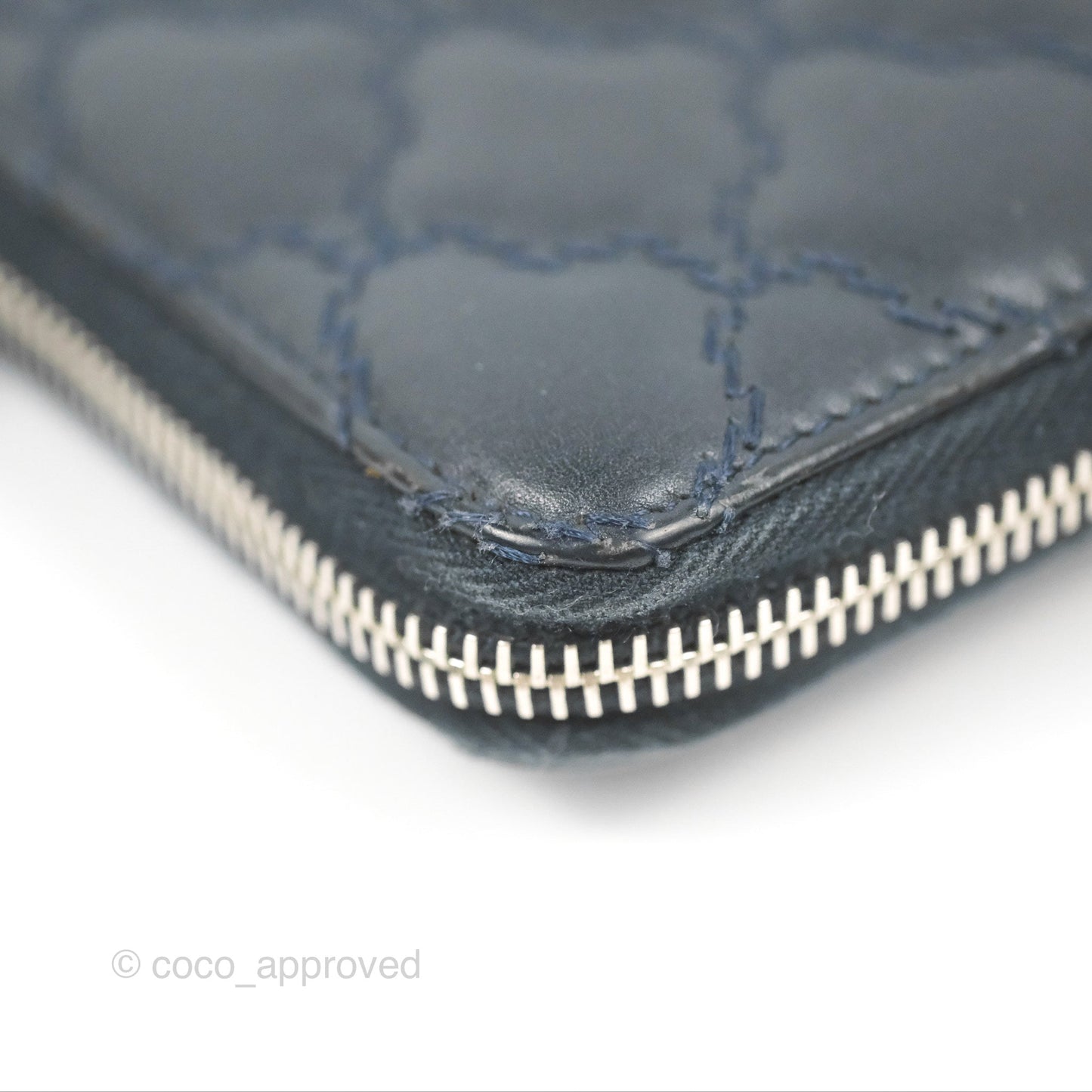 Chanel Quilted Zip Long Wallet Navy Lambskin Silver Hardware