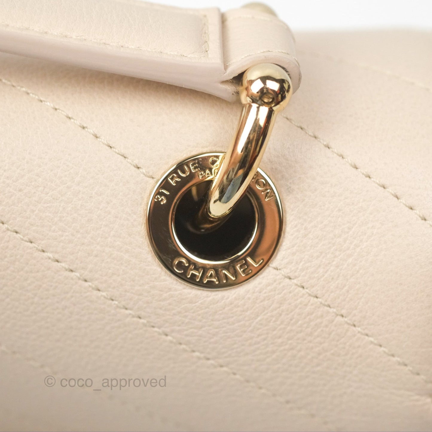 Chanel Large Chevron Chic Top Handle Bag Light Beige Grained Calfskin Gold Hardware