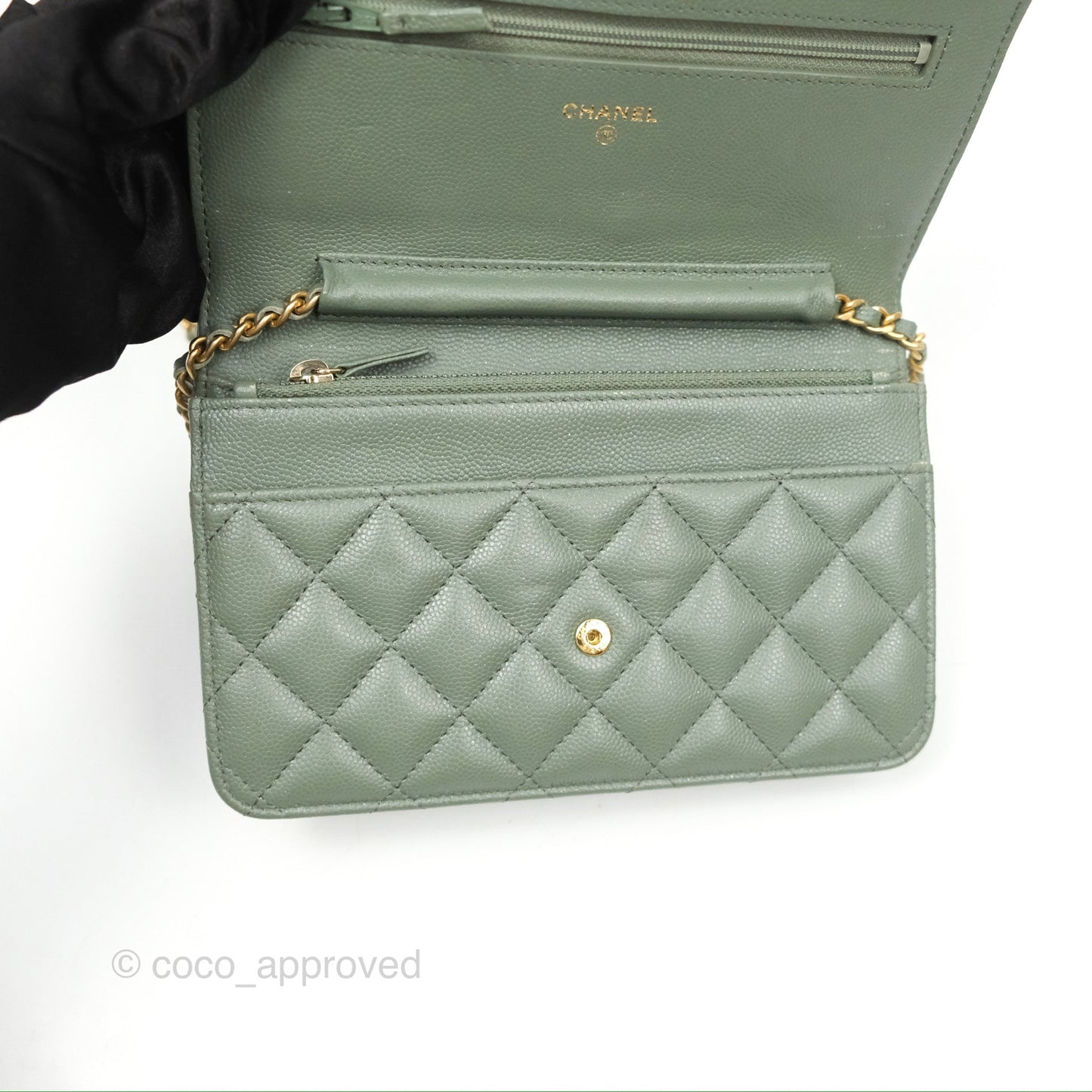 Chanel Classic Quilted Wallet On Chain WOC Glitter Dark Tiffany Green Caviar Aged Gold Hardware