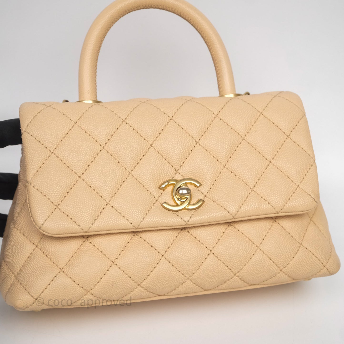 Chanel Small Coco Handle Quilted Beige Caviar Aged Gold Hardware