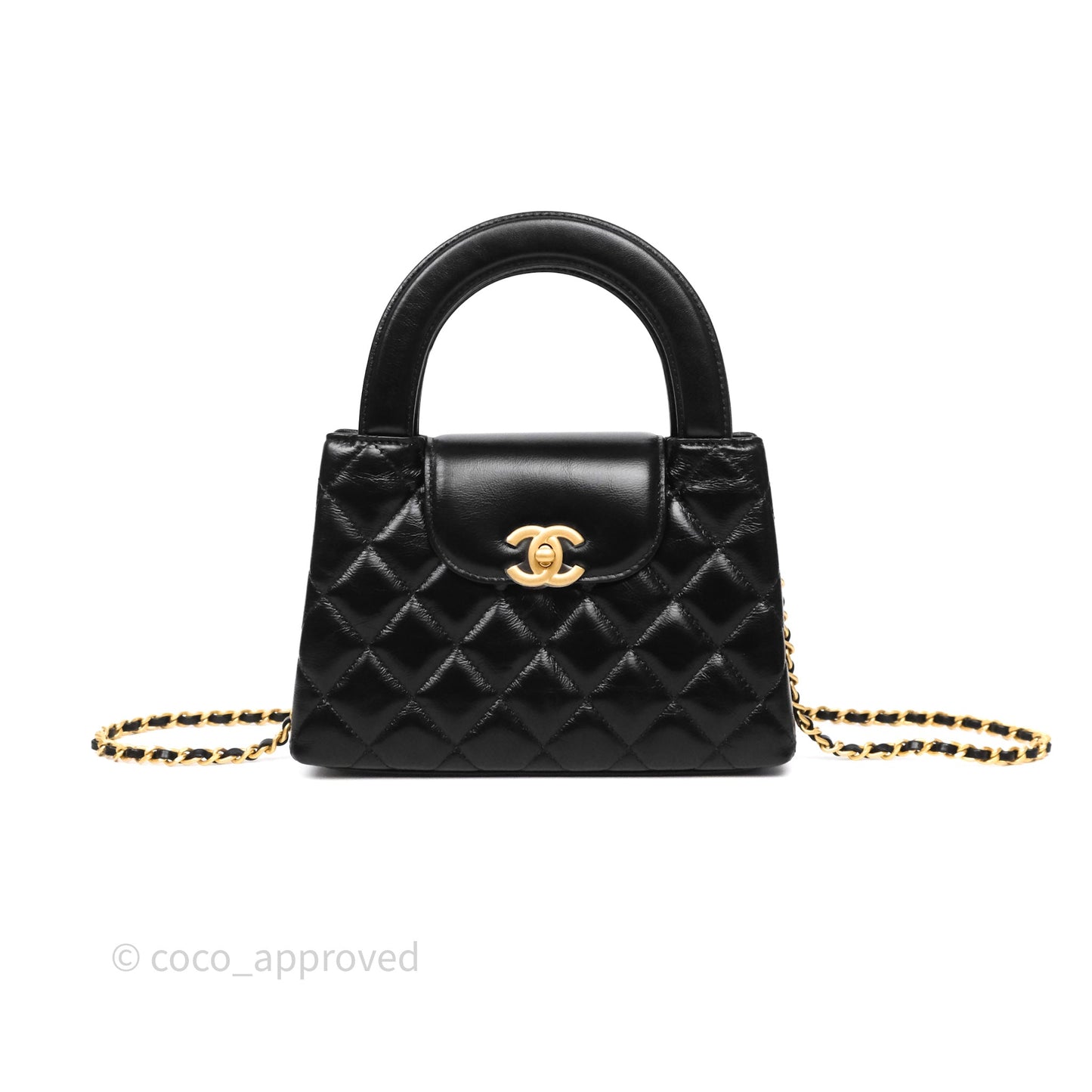 Chanel Kelly Bag Quilted Black Shiny Crumpled Calfskin Aged Gold Hardware