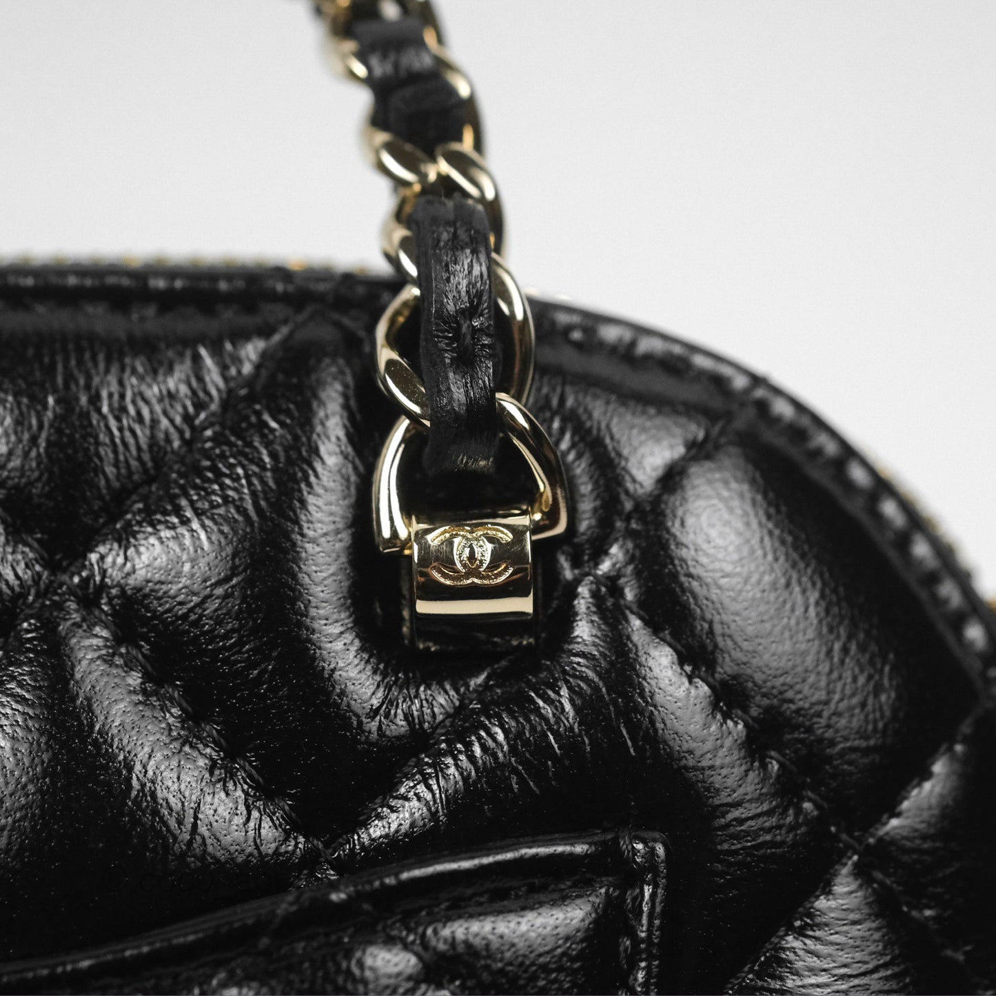 Chanel Mini Handle Clutch with Chain Black Shiny Lambskin Gold Hardware