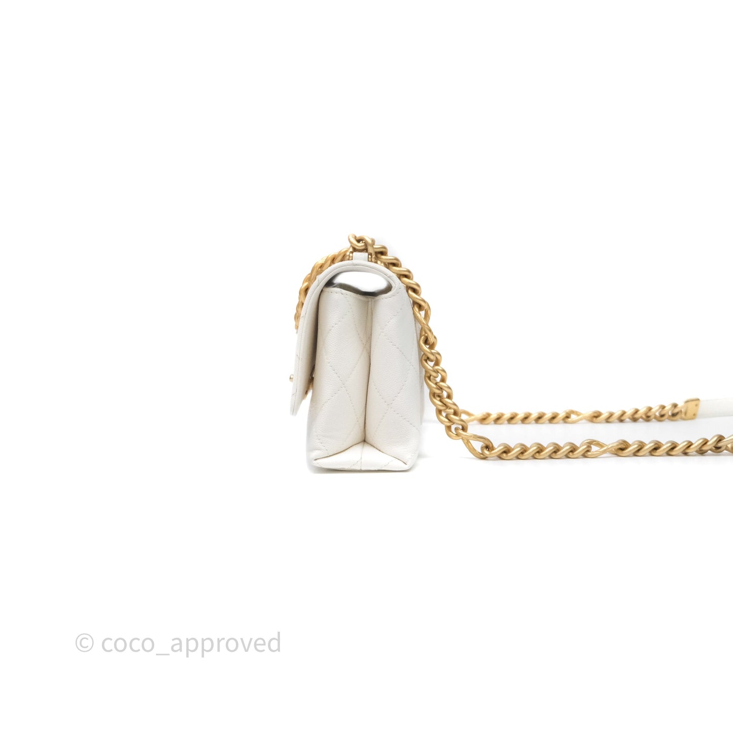 Chanel Bracelet On Chain Small Flap Bag White Caviar Aged Gold Hardware
