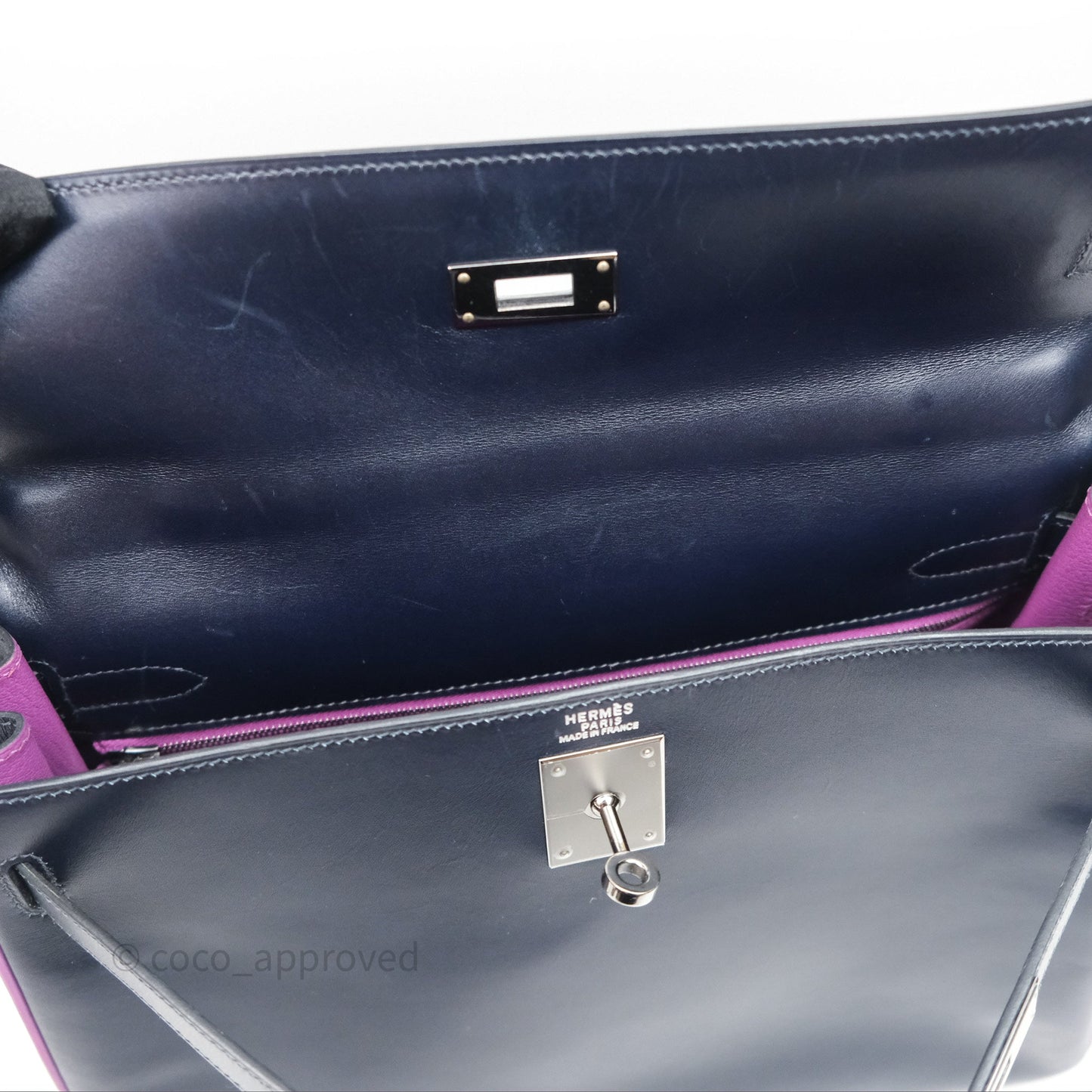 Hermès Vintage Kelly 32 Retourn Navy/Purple Box Leather Palladium Hardware