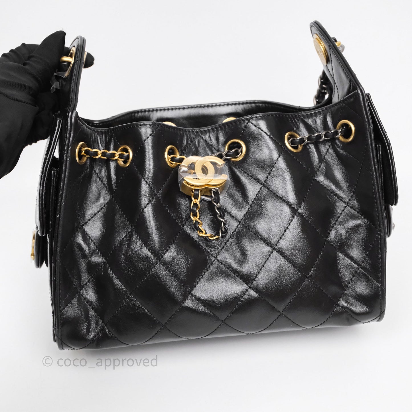 Chanel 25 Mini Black Shiny Crumpled Calfskin Mixed Hardware