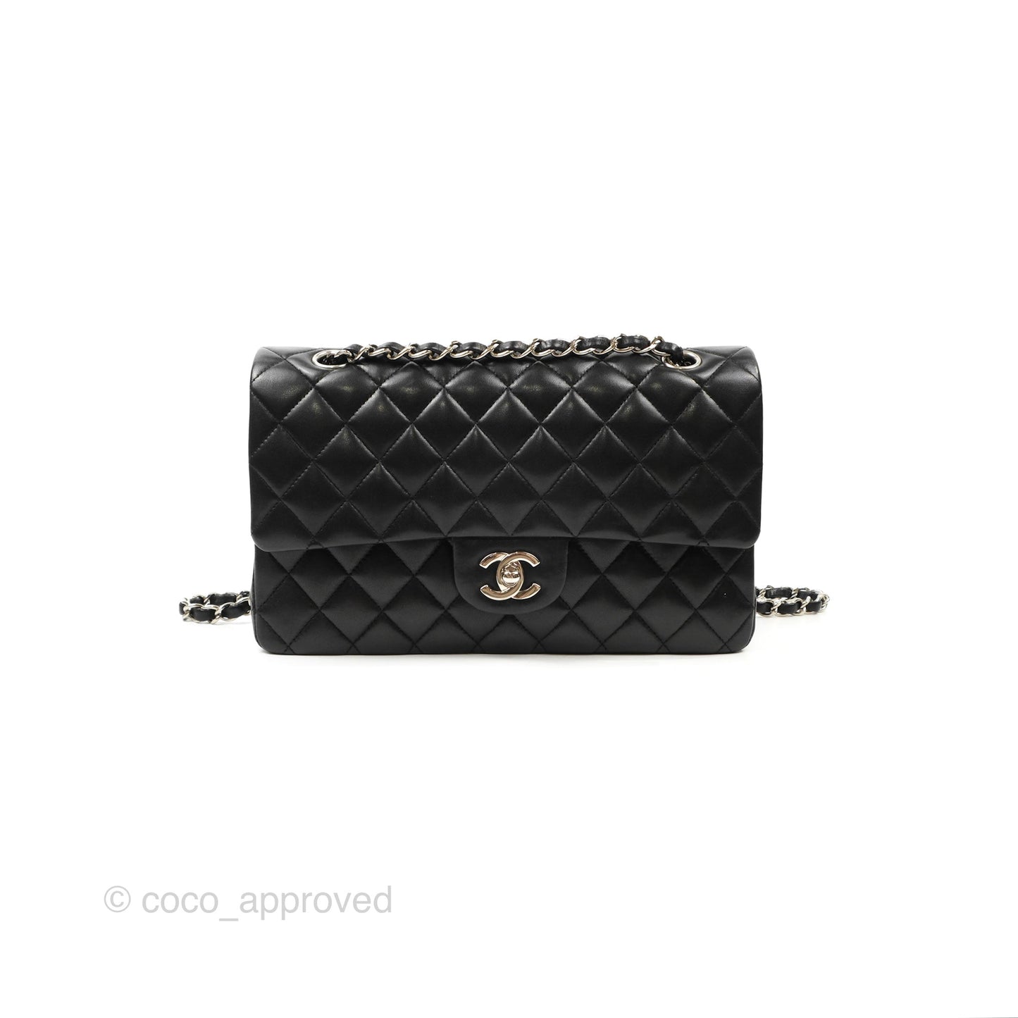 Chanel Classic M/L Medium Flap Quilted Black Lambskin Silver Hardware