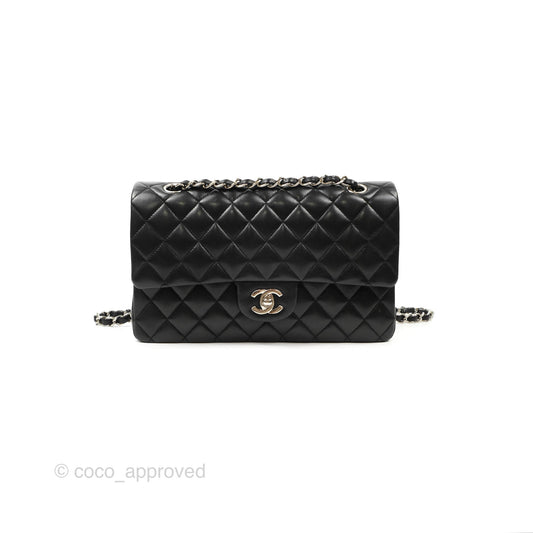Chanel Classic M/L Medium Flap Quilted Black Lambskin Silver Hardware