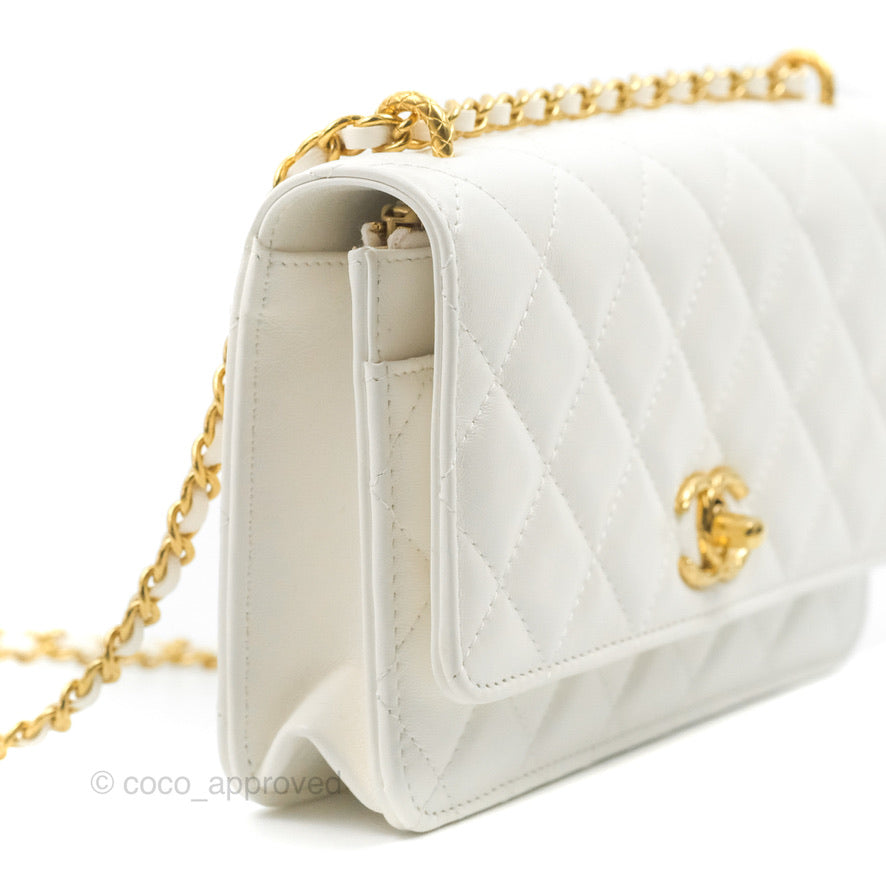 Chanel Quilted Double Chain WOC White Shiny Lambskin Aged Gold Hardware 23C