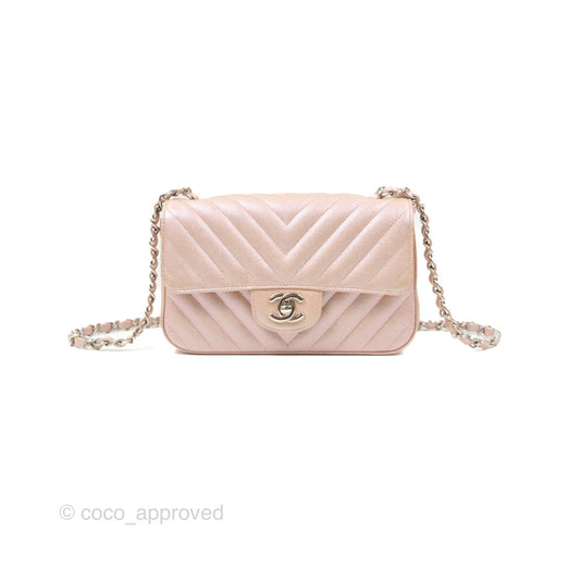Chanel Chevron Mini Rectangular Flap Iridescent Rose Gold Caviar Ruthenium Hardware 17B