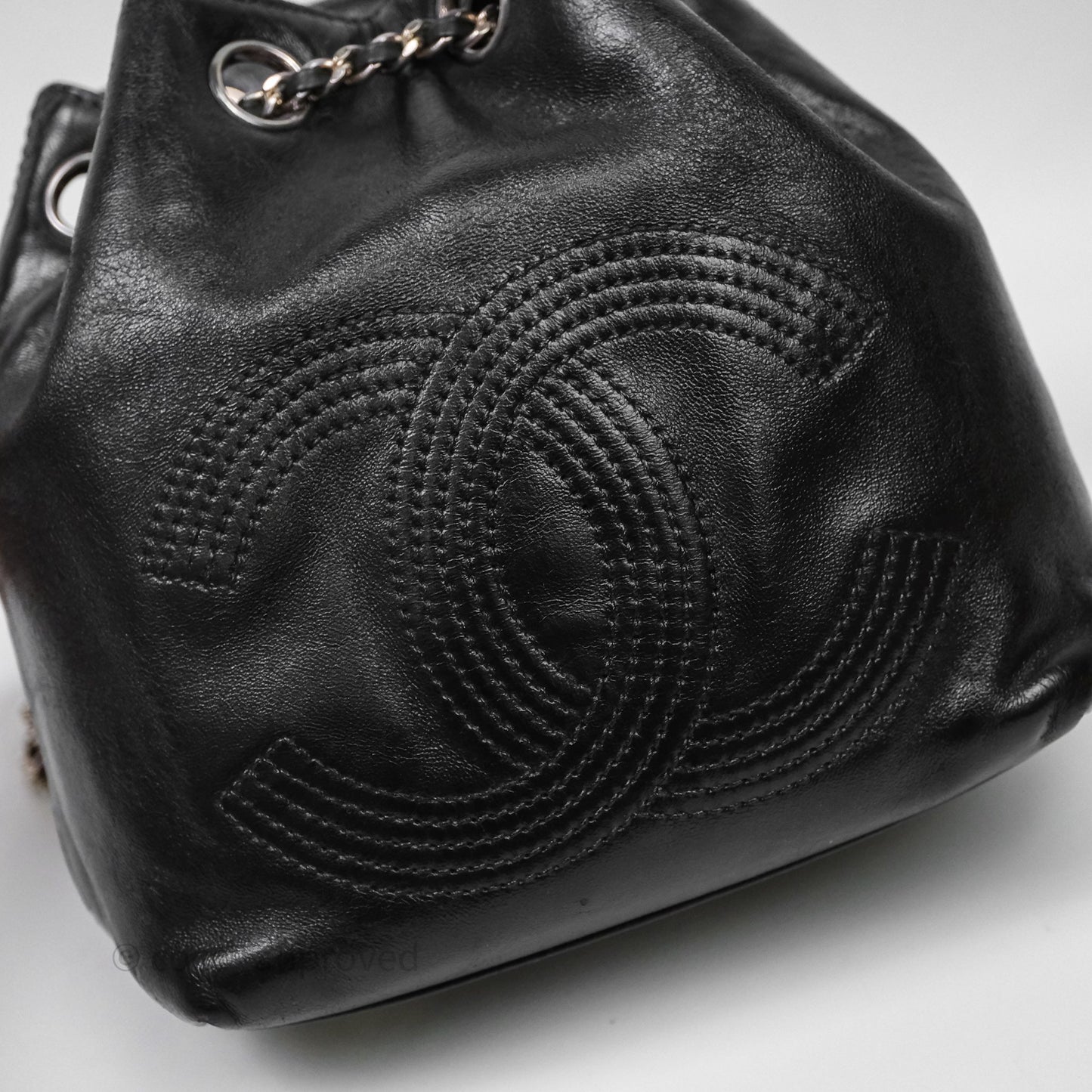 Chanel Vintage CC Drawstring Bag Black Calfskin Silver Hardware