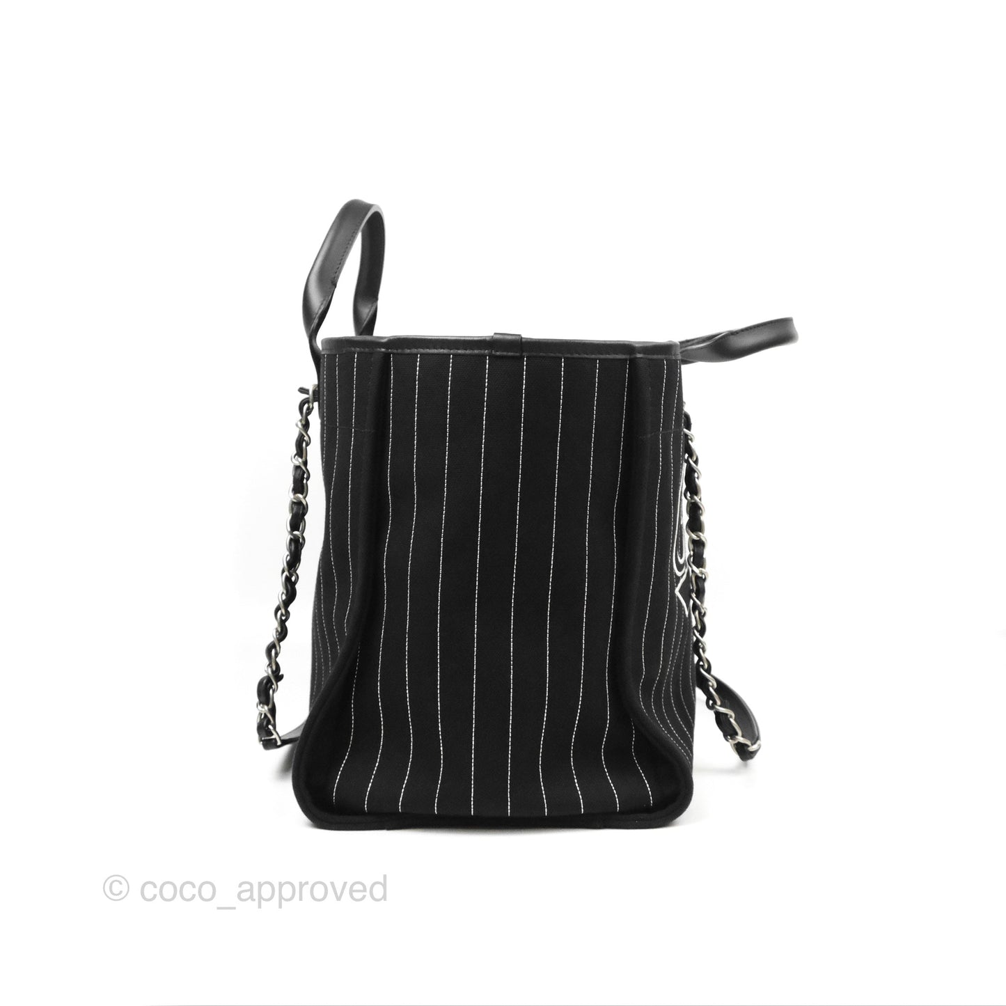 Chanel Large Deauville Black White Striped Canvas Aged Silver Hardware 23S
