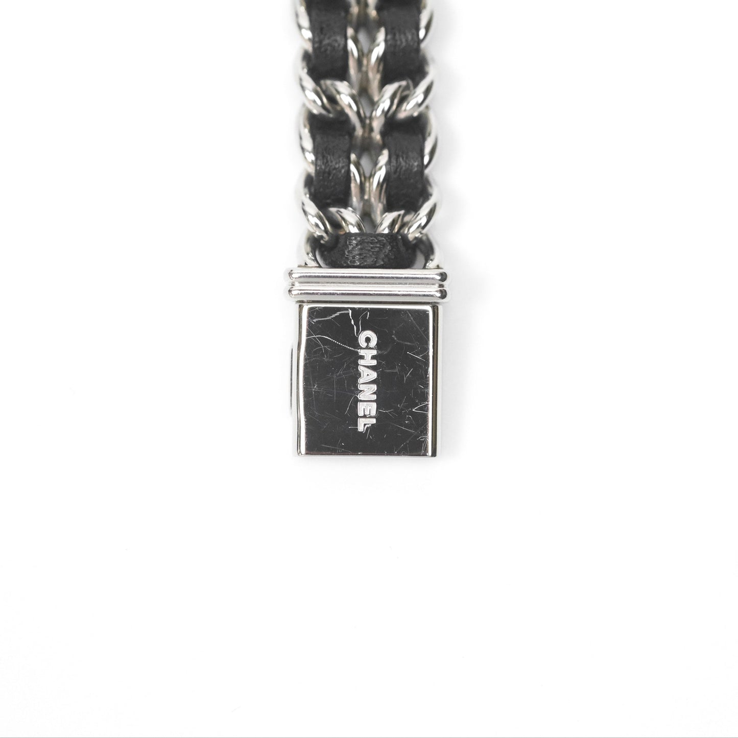Chanel Première Iconic Chain Watch Black Leather Silver Tone Size ML