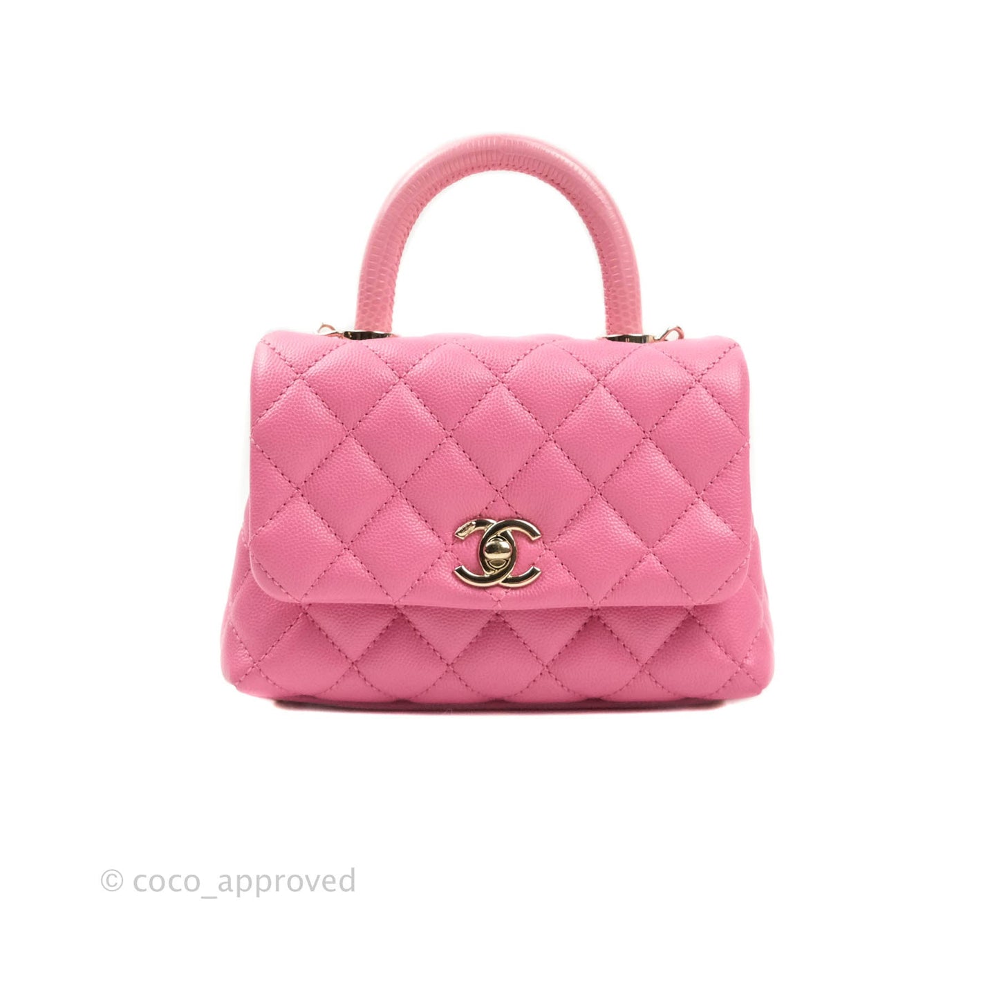 Chanel Extra Mini Coco Handle Quilted Pink Caviar Lizard Embossed Handle Gold Hardware