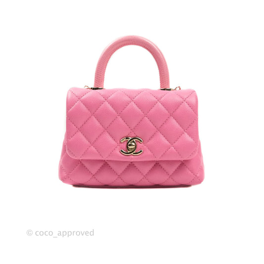 Chanel Extra Mini Coco Handle Quilted Pink Caviar Lizard Embossed Handle Gold Hardware