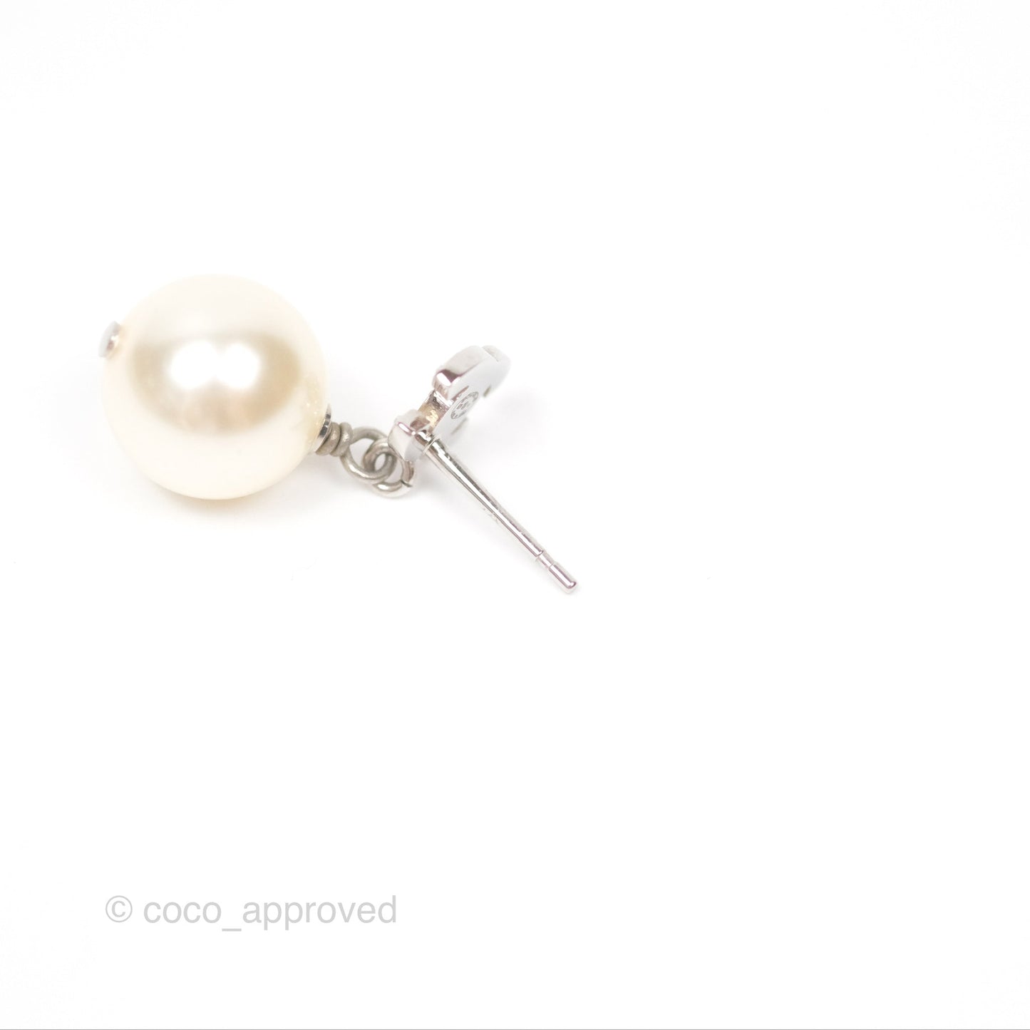 Chanel Crystal CC Pearl Drop Earrings Silver Tone 21V