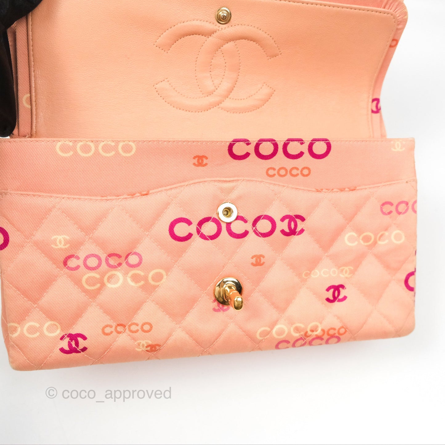 Chanel Coco Logo Medium Classic Flap Quilted Coral Pink Canvas Gold Hardware